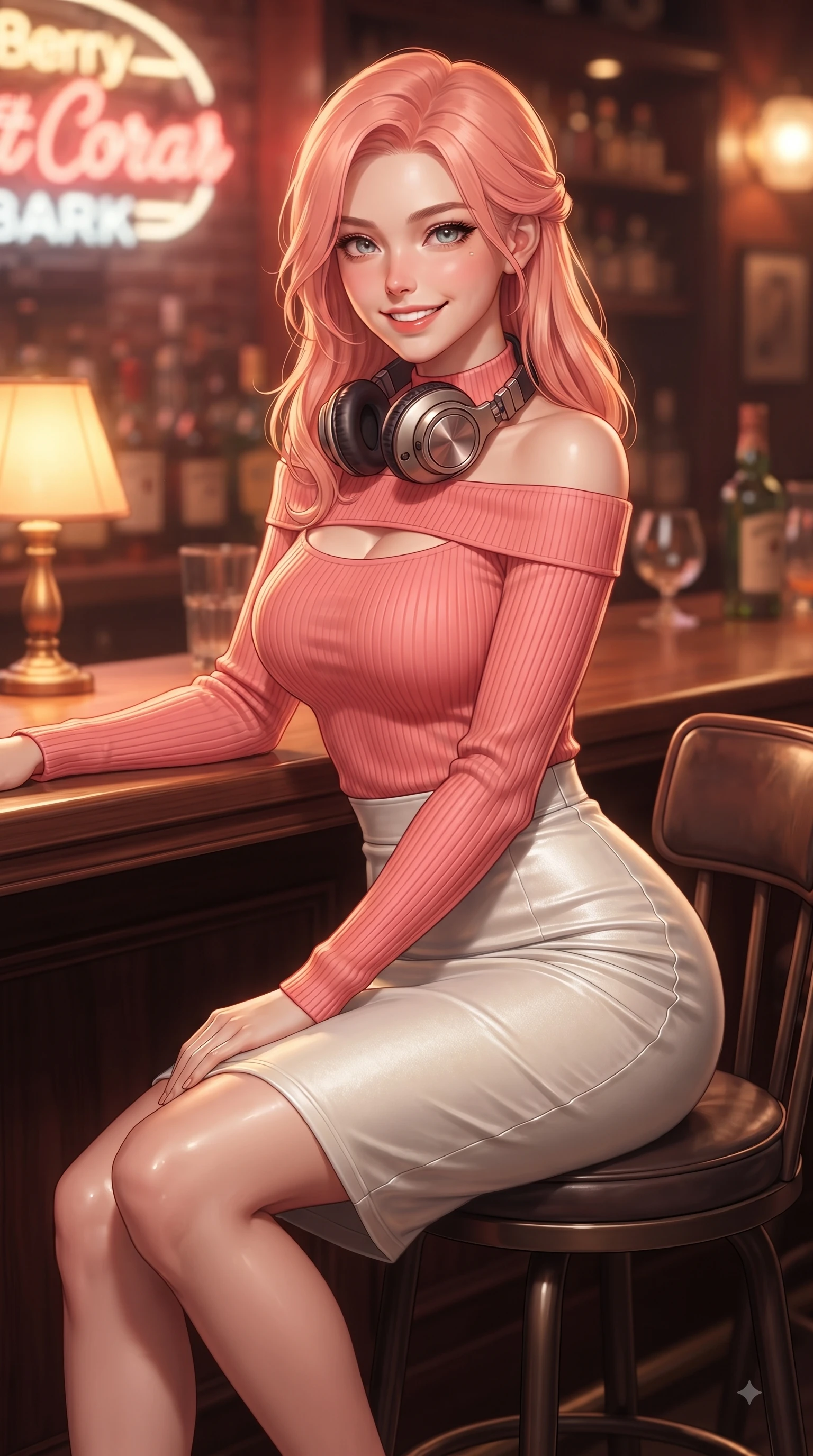score_9, masterpiece, best quality, ultra-detailed, high-budget anime keyframe, editorial fashion photography, tasteful artistic composition, Japanese woman. close-up cowboy shot from the waist and thighs up, the character dominates the composition, filling the frame with her large presence. Gazing directly into the camera with a fresh, infectious smile as her torso curves dynamically in mid-stride while sitting at a wooden counter wearing vintage headphones with a joyful, relaxed smile. The composition keeps background elements in soft focus with dreamy bokeh. rich mahogany bar counters blurred smoothly behind her feminine posture. She has an exceptionally elegant, slender, and willowy female figure with an ultra-slim waist, a gracefully sculpted slender torso, and a refined silhouette. sharp v-shaped jawline, high-bridge nose, intricate jewel-like eyes with depth, thick eyelashes, glossy lips with a natural sheen, flawlessly proportioned anatomical accuracy, natural body alignment, perfectly sculpted elegant limbs, clean dynamic posture without body distortion. wearing a sleek off-shoulder ribbed sweater paired with a high-waisted fitted denim pencil skirt in vibrant coral pink and pure ivory, made of lustrous stretch velvet, accented with a Tasteful chest slit framing her clavicle gracefully, the sleek second-skin texture accentuating her magnetic presence. bathed in warm golden amber lamp glow and retro neon rim light. ultra-reflective glossy finish, specular highlights, metallic sheen, high-contrast stereoscopic depth, volumetric dynamic lighting, 2k, ultra detail, master piece, 9:16 ratio