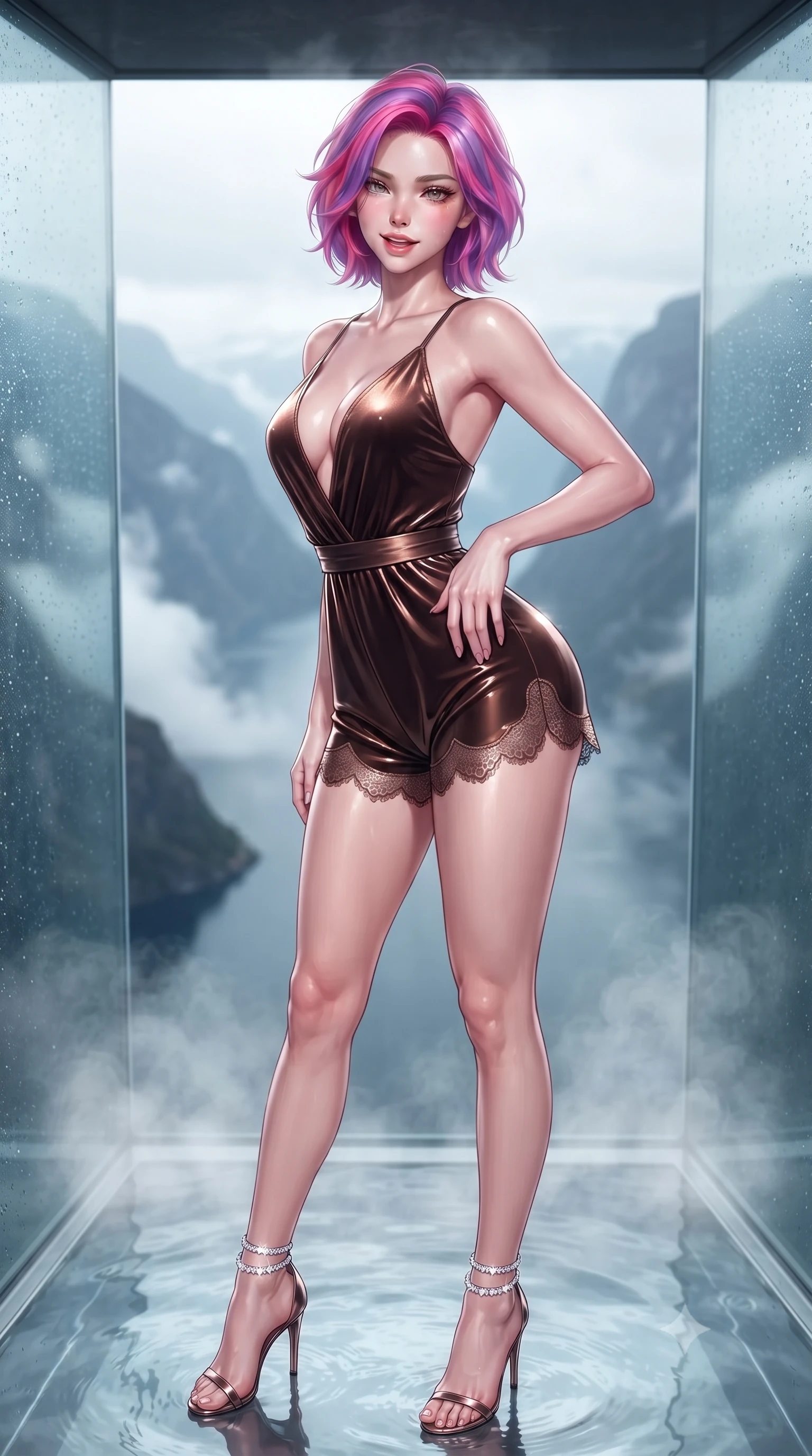 score_9, masterpiece, best quality, ultra-detailed, high-budget anime keyframe, editorial fashion photography, tasteful artistic composition, Caucasian woman. close-up cowboy shot from the waist and thighs up, the character dominates the composition, filling the frame with her large presence. tilting her head with a teasing half-smile, running one hand slowly down the side of her hip in a flirtatious S-curve as ambient light caresses her silhouette while standing inside the steaming glass-walled hydrotherapy spa cantilevered high over the fjord abyss, arching her spine with supermodel poise. The background shows a soft-focus rising mineral spa steam plumes softened in breathtaking high-altitude shallow focus. She has an exceptionally elegant, slender, and willowy female figure with an ultra-slim waist, flat toned midriff, narrow ribcage, and sculpted feminine hips creating an alluring, slim hourglass silhouette without bulk. sharp v-shaped jawline, high-bridge nose, sparkling eyes with hypnotic seductive depth, thick curled eyelashes, glossy parted lips with a natural dewy peach sheen, alluring bedroom-eyes with an enchanting coquettish smile, exuding magnetic siren charisma and sophisticated glamour, flawlessly proportioned anatomical accuracy, strict slender model proportions, natural body alignment, perfectly sculpted long slender limbs, ultra-slim waistline, clean dynamic posture without body distortion. wearing a plunge-neck stretch velvet romper with scalloped eyelash-lace hems and a cinched waist ribbon in sultry espresso bronze and metallic copper, crafted from wet-look high-gloss vinyl fabric with dazzling specular surface reflections, complemented by strappy stiletto sandals with crystal ankle wraps accentuating her slender calves, the liquid-tight tailored fabric clinging flawlessly to her narrow waist and rounded feminine hips, emphasizing every millimeter of her sculpted slim hourglass curves without any bulky heaviness. illuminated by hot water surface reflections and sharp platinum rim lights defining her delicate clavicles, ultra-slim waist, and curvy hips. ultra-reflective glossy finish, specular highlights, rich textural contrasts, high-contrast stereoscopic depth, volumetric dynamic lighting, 2k, ultra detail, master piece, 9:16 ratio