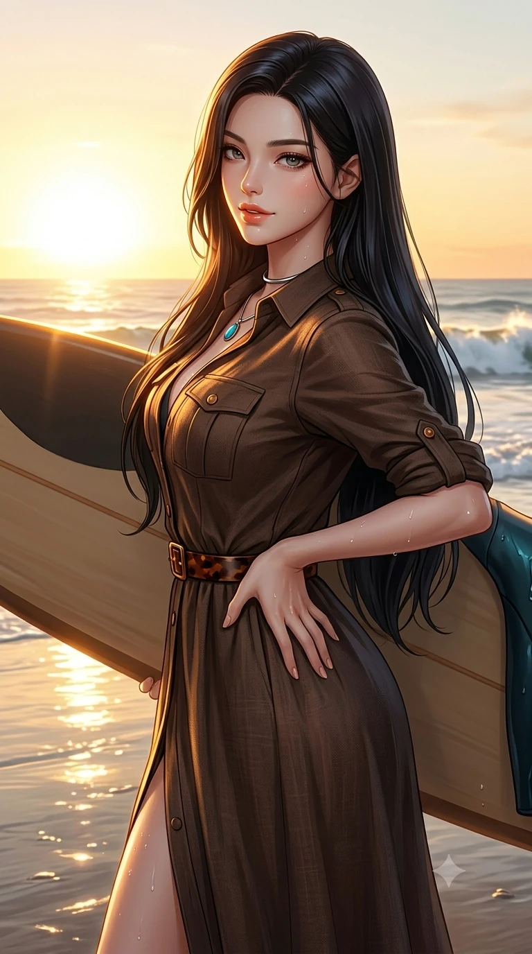 score_9, masterpiece, best quality, ultra-detailed, high-budget anime keyframe, semi-realistic 3D game render, editorial fashion photography, tasteful artistic composition, Korean woman. close-up cowboy shot from the waist and thighs up, the character dominates the composition, filling the frame with her large presence. posing in an alluring rear three-quarter angle, looking over a bare shoulder with parted glossy lips, her hips cocked back to highlight her slim hourglass curve while standing tall beside the surfboard with one hand on her hip, arching her spine with supermodel poise as the setting sun silhouettes her hourglass figure. The surrounding environment is rendered in vivid detail and crisp panoramic clarity: detailed wet-look neoprene surfing bodysuit tailoring, glistening water beads on skin, and coastal surf scape in razor-sharp precision. She has an exceptionally elegant, slender, and willowy female figure with an ultra-slim waist, flat toned midriff, narrow ribcage, and sculpted feminine hips creating an alluring, slim hourglass silhouette without bulk. sharp v-shaped jawline, high-bridge nose, sparkling eyes with hypnotic seductive depth, thick curled eyelashes, glossy parted lips with a natural dewy peach sheen, alluring bedroom-eyes with an enchanting coquettish smile, exuding magnetic siren charisma and sophisticated glamour, flawlessly proportioned anatomical accuracy, strict slender model proportions, natural body alignment, perfectly sculpted long slender limbs, ultra-slim waistline, clean dynamic posture without body distortion. wearing a refined long-sleeve linen safari shirt dress with structured tortoise belt and rolled sleeves in dark espresso leather and warm amber highlights, woven from bespoke sun-bleached selvedge linen with rich tactile slub texture, finished with a minimalist chrome choker and a single turquoise stone pendant, the impeccably tailored cut draping gracefully along her slender figure with aristocratic resort poise. illuminated by mirror-like wet sand bounce and sharp molten-gold rim lighting defining her jawline, flat midriff, and voluptuous hip curves. highly saturated vibrant anime colors, detailed shading with soft gradients, rich glossy textures, high-contrast stereoscopic depth, volumetric dynamic lighting, master piece, 9:16 ratio