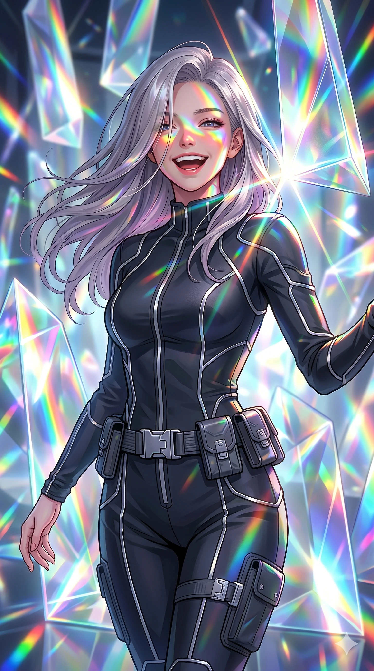 score_9, masterpiece, best quality, ultra-detailed, high-budget anime keyframe, editorial fashion photography, tasteful artistic composition, Caucasian woman, strictly human ears. Upper body close-up from the thighs up, character filling the screen for maximum presence. Standing in a room of giant glass prisms refracting light, moving between the prisms, her face lit by spectrums with a bright laugh. She is wearing a sleek tech-jumpsuit with reflective silver piping and a utility belt. The scene is drenched in blindingly bright rainbow spectrums and sharp lens flares. 2k, ultra detail, master piece, 9:16 ratio