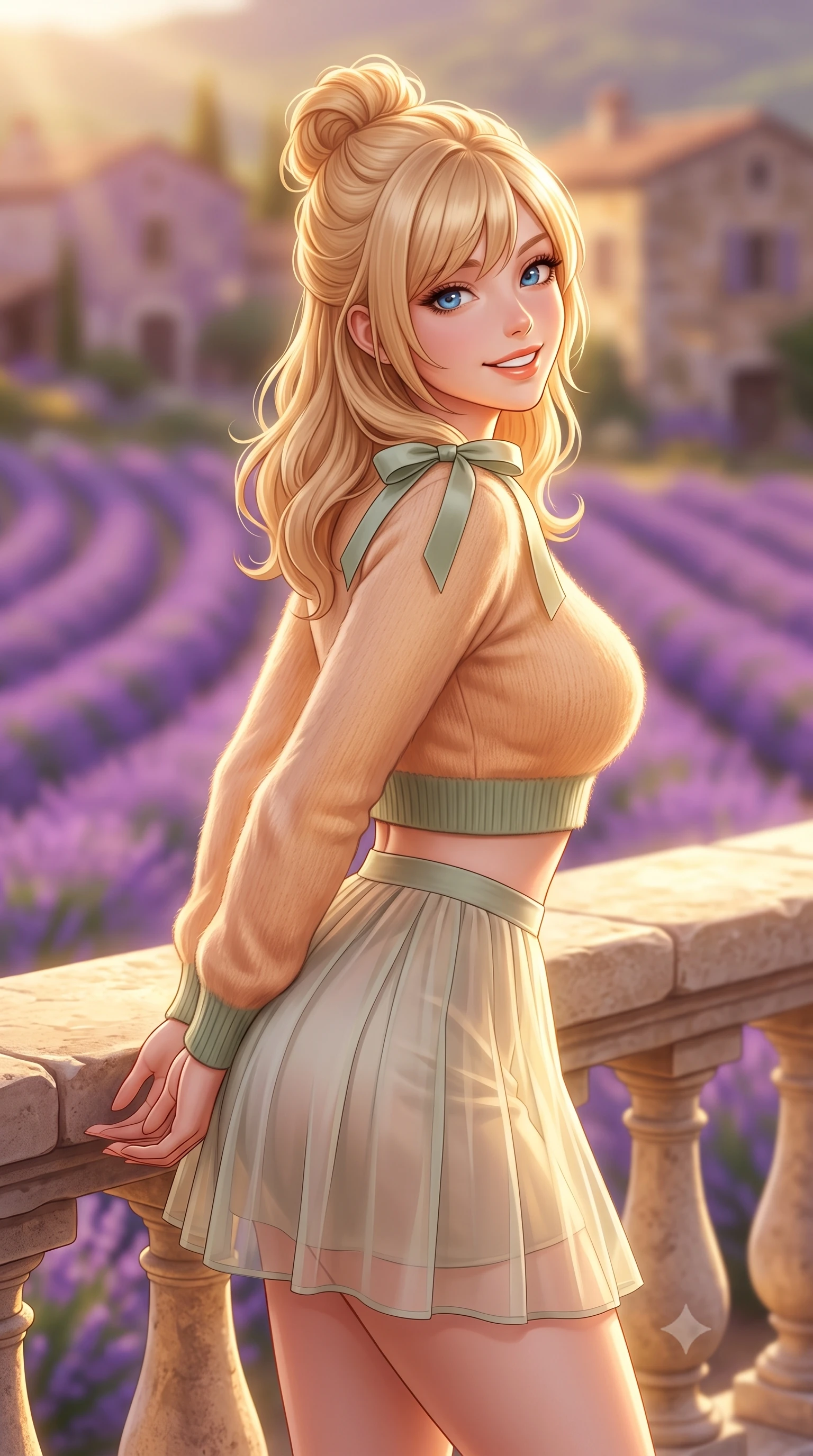 score_9, masterpiece, best quality, ultra-detailed, high-budget anime keyframe, semi-realistic 3D game render, editorial fashion photography, tasteful artistic composition, Caucasian woman. close-up cowboy shot from the waist and thighs up, the character dominates the composition, filling the frame with her large presence. resting both hands lightly behind her back while leaning toward the lens with a cheerful, teasing grin, her form-fitting outfit hugging her narrow waist and feminine hip curve while leaning against a sun-warmed stone balustrade with hips cocked back, looking over her shoulder with an intoxicating, sun-dazed bedroom-gaze. The composition keeps background elements in soft focus with dreamy creamy bokeh. undulating purple lavender rows and ancient stone farmhouses blurred into radiant violet, lilac, and golden honey bokeh. She has an exceptionally elegant, slender, and willowy female figure with an ultra-slim waist, flat toned midriff, narrow ribcage, and sculpted feminine hips creating an alluring, slim hourglass silhouette without bulk. sharp v-shaped jawline, high-bridge nose, intricate jewel-like sparkling eyes with depth, thick eyelashes, glossy parted lips with a natural peach sheen, bright cheerful beaming smile with an enchanting and coquettish sensual glint, exuding both youthful cute charm and seductive allure, flawlessly proportioned anatomical accuracy, strict slender model proportions, natural body alignment, perfectly sculpted long slender limbs, ultra-slim waistline, clean dynamic posture without body distortion. wearing a soft angora crop knit sweater with a sheer pleated organza mini skirt over an opaque silk slip in soft apricot and sage green, crafted from liquid-tight stretch jersey emphasizing every curve, finished with cute satin bow ribbons tying at the shoulders, the liquid-tight tailored fabric clinging flawlessly to her narrow waist and rounded feminine hips, emphasizing every millimeter of her sculpted slim hourglass curves without any bulky heaviness. bathed in brilliant golden hour southern French sunlight streaming across the purple hillside. highly saturated vibrant anime colors, detailed shading with soft gradients, rich glossy textures, high-contrast stereoscopic depth, volumetric dynamic lighting, master piece, 9:16 ratio
