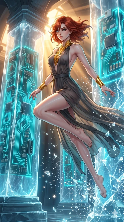 score_9, masterpiece, best quality, ultra-detailed, high-budget anime keyframe, Japanese woman. low angle full-body shot filling the entire 9:16 frame with her statuesque presence, stretching the vertical silhouette. leaping inside a sub-zero cyberne