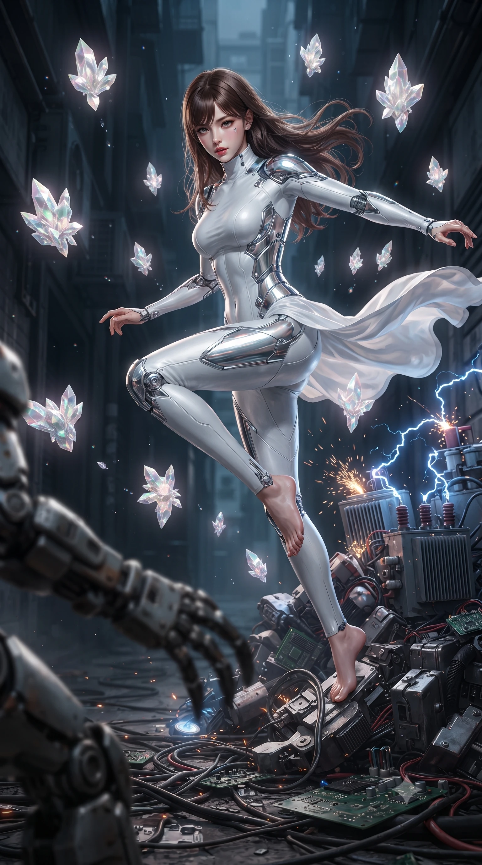 score_9, masterpiece, best quality, ultra-detailed, high-budget anime keyframe, editorial fashion photography, tasteful artistic composition, realistic cosplay photography, Korean woman. low angle full-body shot from head to toe showing her feet, filling the entire 9:16 vertical frame with her statuesque presence, stretching her vertical silhouette. acrobatically dodging a heavy mech's swipe by vaulting off a pile of cybernetic debris through an alley lined with buzzing capacitors and electrical transformers, blue arcs leaping between terminals. She has a statuesque 8.5-heads proportion, an exceptionally tall, slender and willowy model-like build with impossibly long legs and a highly sculpted ultra-slim waist. sharp v-shaped jawline, high-bridge nose, intricate jewel-like eyes with depth, thick eyelashes, glossy lips with a natural sheen. wearing the lightweight fabric rippling and billowing dramatically with her movement, a slim-fit form-contouring white bodysuit with silver chrome plating on the shoulders and sides, featuring a high mock neck. ethereal pearlescent light emanating from floating crystalline formations all around. ultra-reflective glossy finish, specular highlights, metallic sheen, high-contrast stereoscopic depth, volumetric dynamic lighting, 2k, ultra detail, master piece, 9:16 ratio
