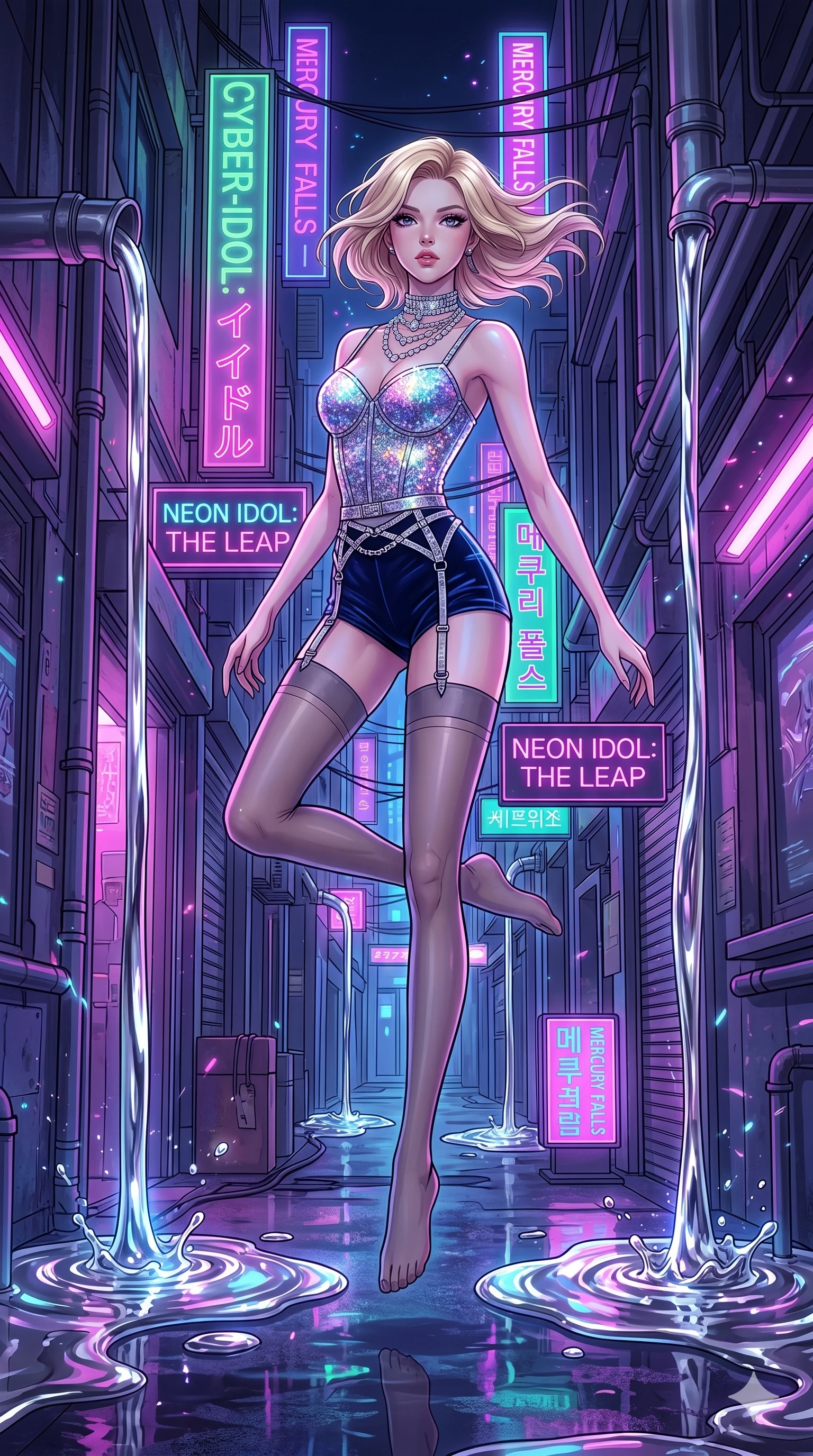 score_9, masterpiece, best quality, ultra-detailed, high-budget anime movie keyframe, cinematic anime lighting, intricate line art, Caucasian (strictly human ears) woman. Dynamic full-body shot stretching the vertical silhouette across the 9:16 frame. leaping gracefully in a neon-lit cyberpunk alleyway with liquid mercury fountains. She has an absolutely perfect 8-heads proportion, an exceptionally tall and slender female figure with an ultra-slim waist and impossibly long slender legs. sharp v-shaped jawline, high-bridge nose, intricate jewel-like eyes, thick eyelashes, glossy lips. Wearing luxurious K-pop idol stage outfit featuring a sparkling sequined corset, high-cut velvet shorts, and sheer silk stockings with garter belts, accessorized with crystal chokers. The scene is illuminated by dramatic atmospheric lighting and vibrant color palettes. , 2k, ultra detail, master piece, 9:16 ratio
