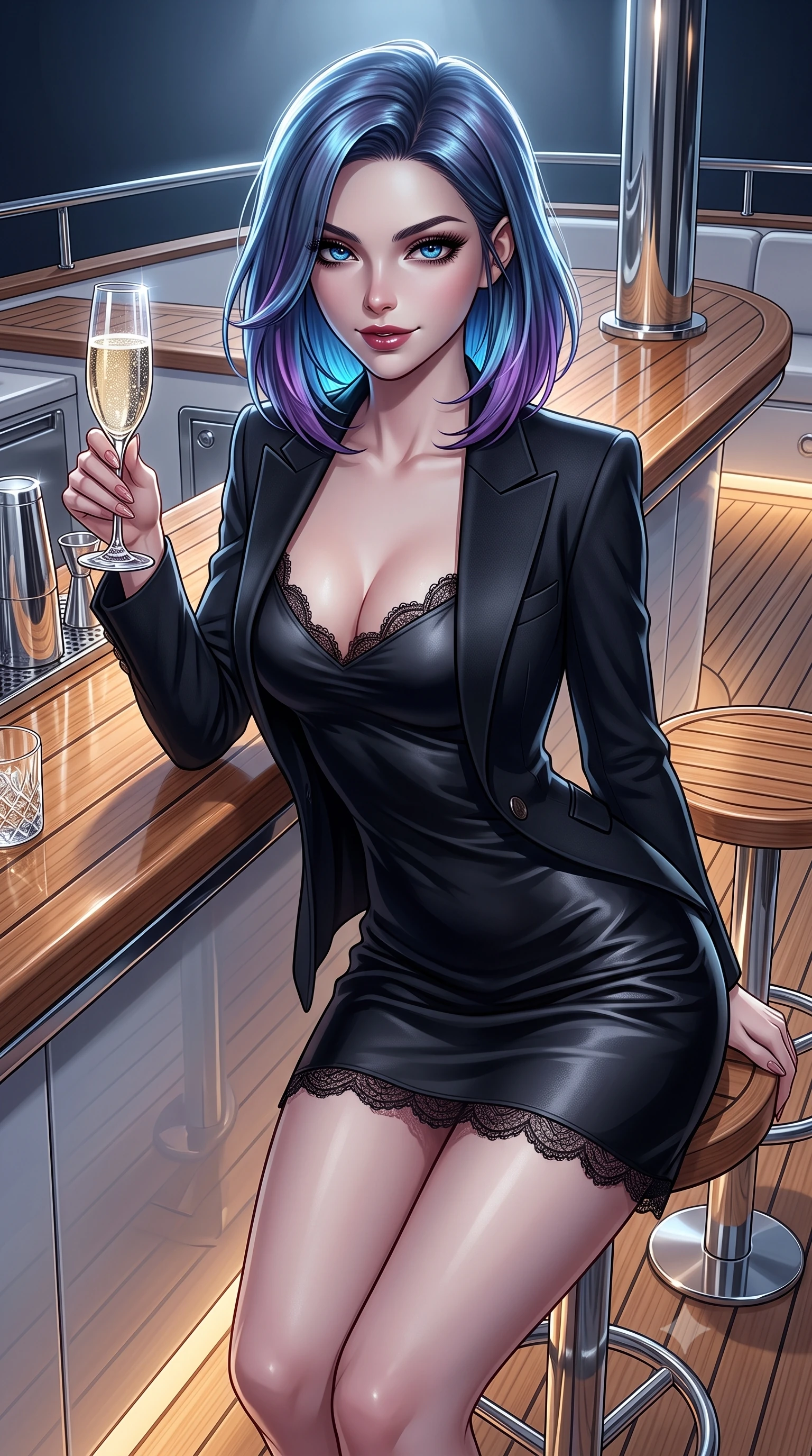 score_9, masterpiece, best quality, ultra-detailed, high-budget anime keyframe, editorial fashion photography, tasteful artistic composition, Caucasian woman. close-up cowboy shot from the waist and thighs up, the character dominates the composition, filling the frame with her large presence. leaning forward over the counter while arching her lower back to accentuate her curvy hips, looking into the lens with a dangerous smoldering half-smile and bedroom-eyes while sitting on a high teak stool at the yacht's outdoor bar, holding a champagne flute while flashing a radiant, dangerous smoldering smile. The surrounding environment is rendered in vivid detail and crisp panoramic clarity. sharp marine-grade teak deck seams, polished mirror-finish chrome fittings, and crystal champagne glass facets in deep focus. She has an exceptionally elegant, slender, and willowy female figure with an ultra-slim waist, flat toned midriff, narrow ribcage, and sculpted feminine hips creating an alluring, slim hourglass silhouette without bulk. sharp v-shaped jawline, high-bridge nose, intricate jewel-like dark sparkling eyes with dangerous depth, thick curled eyelashes, glossy parted lips with a rich wine sheen, smoldering seductive half-smile with bedroom-eyes, exuding effortless superiority and intoxicating dark allure, flawlessly proportioned anatomical accuracy, strict slender model proportions, natural body alignment, perfectly sculpted long slender limbs, ultra-slim waistline, clean dynamic posture without body distortion. wearing a strappy black silk slip dress with delicate lace scallop edging along the neckline and hem in pure obsidian monochrome with subtle metallic sheen, tailored from fine lightweight midnight wool crepe with crisp architectural structure, finished with sharp tailored peak lapels and subtle horn button accents, the form-contouring cut accentuating her sculpted flat midriff, narrow delicate ribcage, and gracefully curvy hips with sovereign high-fashion precision. bathed in cold silver moonlight from above and warm low-level teak deck LED wash. ultra-reflective glossy finish, specular highlights, rich textural contrasts, high-contrast stereoscopic depth, volumetric dynamic lighting, 2k, ultra detail, master piece, 9:16 ratio
