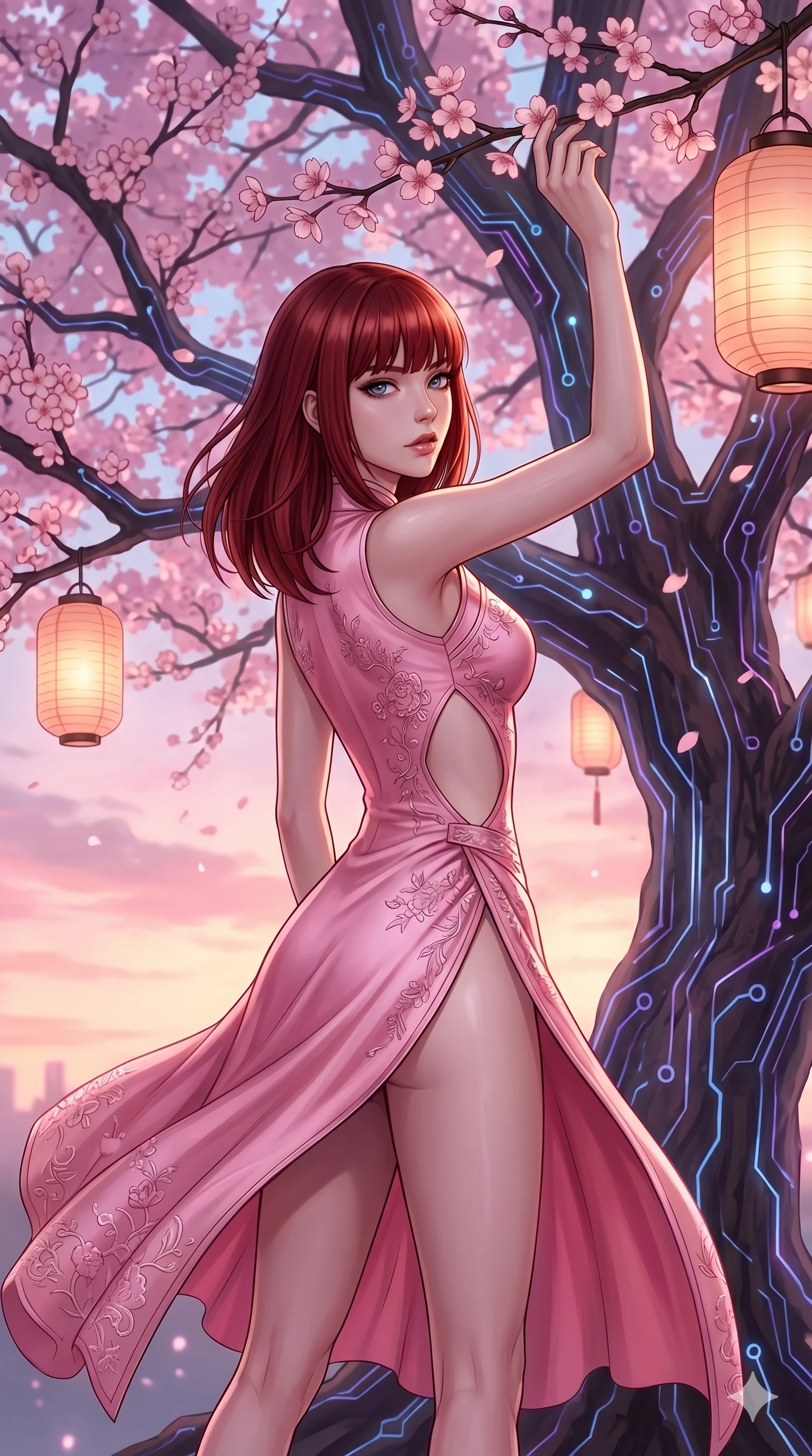 score_9, masterpiece, best quality, ultra-detailed, high-budget anime keyframe, editorial fashion photography, tasteful artistic composition, Caucasian woman, strictly human ears. cowboy shot from the thighs up, character and outfit filling the frame for maximum editorial presence. reaching up to touch a cherry blossom, looking over her shoulder with a magnetic, sultry gaze standing under a blooming cherry tree in a modern cyber-garden (Code-P16-070). She has an absolutely perfect 8-heads proportion, an exceptionally tall and slender female figure with impossibly long slender legs and an ultra-slim waist. V-shaped jawline, high-bridge nose, intricate jewel-like eyes with depth, thick eyelashes, glossy lips with a natural sheen. wearing a modern fusion pink silk hanbok dress with side cutouts and a high-slit wrap skirt. soft pink sunset glow mixed with warm lantern light, tracing her jawline and lips. 2k, ultra detail, master piece, 9:16 ratio