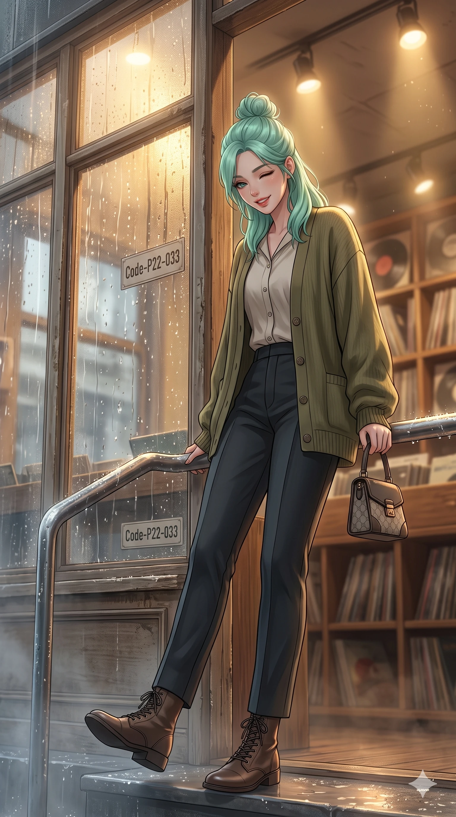 score_9, masterpiece, best quality, ultra-detailed, high-budget anime keyframe, vibrant anime aesthetic, Japanese woman. low angle full-body shot from head to toe showing her feet, filling the entire 9:16 vertical frame with her statuesque presence, stretching her vertical silhouette. She is leaning back on a wet, rain-slicked railing, winking and smiling delightfully, with a bright, joyful gaze surrounded by fresh morning mist. by the window of a cozy vintage record store, looking at the street through rain-streaked window panes (Code-P22-033). She has an absolutely perfect 8-heads proportion, an exceptionally tall and slender female figure with impossibly long slender legs and an ultra-slim waist. V-shaped jawline, high-bridge nose, intricate jewel-like eyes with depth, thick eyelashes, glossy lips with a natural sheen. wearing an oversized olive green knit cardigan over a buttoned cotton blouse and tailored trousers with a designer bag. She is illuminated by warm overhead spotlights inside the plant conservatory dome, casting soft shadows that enhance her features during a refreshing sun shower. 2k, ultra detail, master piece, 9:16 ratio