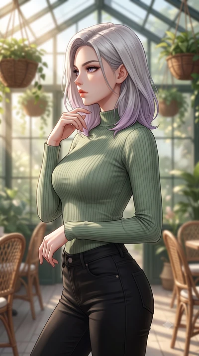 score_9, masterpiece, best quality, ultra-detailed, high-budget anime keyframe, editorial fashion photography, tasteful artistic composition, Caucasian woman woman. close-up cowboy shot from the waist and thighs up, the character dominates the compos