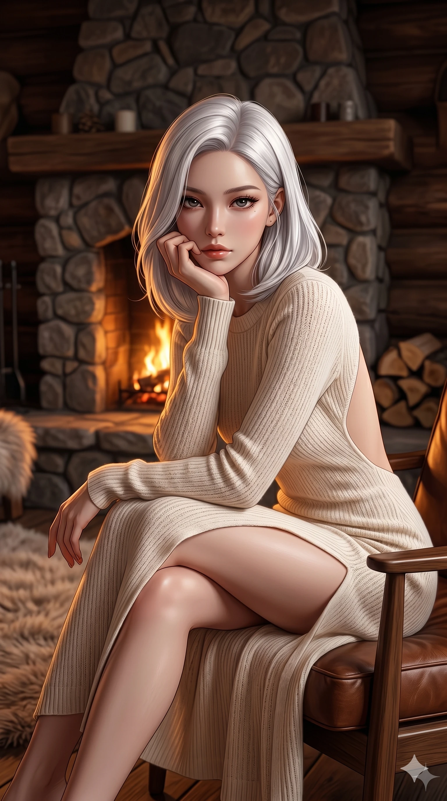 score_9, masterpiece, best quality, ultra-detailed, high-budget anime keyframe, editorial fashion photography, tasteful artistic composition, Korean woman. cowboy shot from the thighs up, character and outfit filling the frame for maximum editorial presence. sitting near the fire, resting her chin on her hand, looking directly into the camera inside a cozy mountain log cabin with a stone fireplace (Code-P16-147). She has an absolutely perfect 8-heads proportion, an exceptionally tall and slender female figure with impossibly long slender legs and an ultra-slim waist. V-shaped jawline, high-bridge nose, intricate jewel-like eyes with depth, thick eyelashes, glossy lips with a natural sheen. wearing a soft cream-colored knit dress with an open-back design and a high leg slit. warm amber firelight casting dancing shadows and a soft golden glow over her features. 2k, ultra detail, master piece, 9:16 ratio