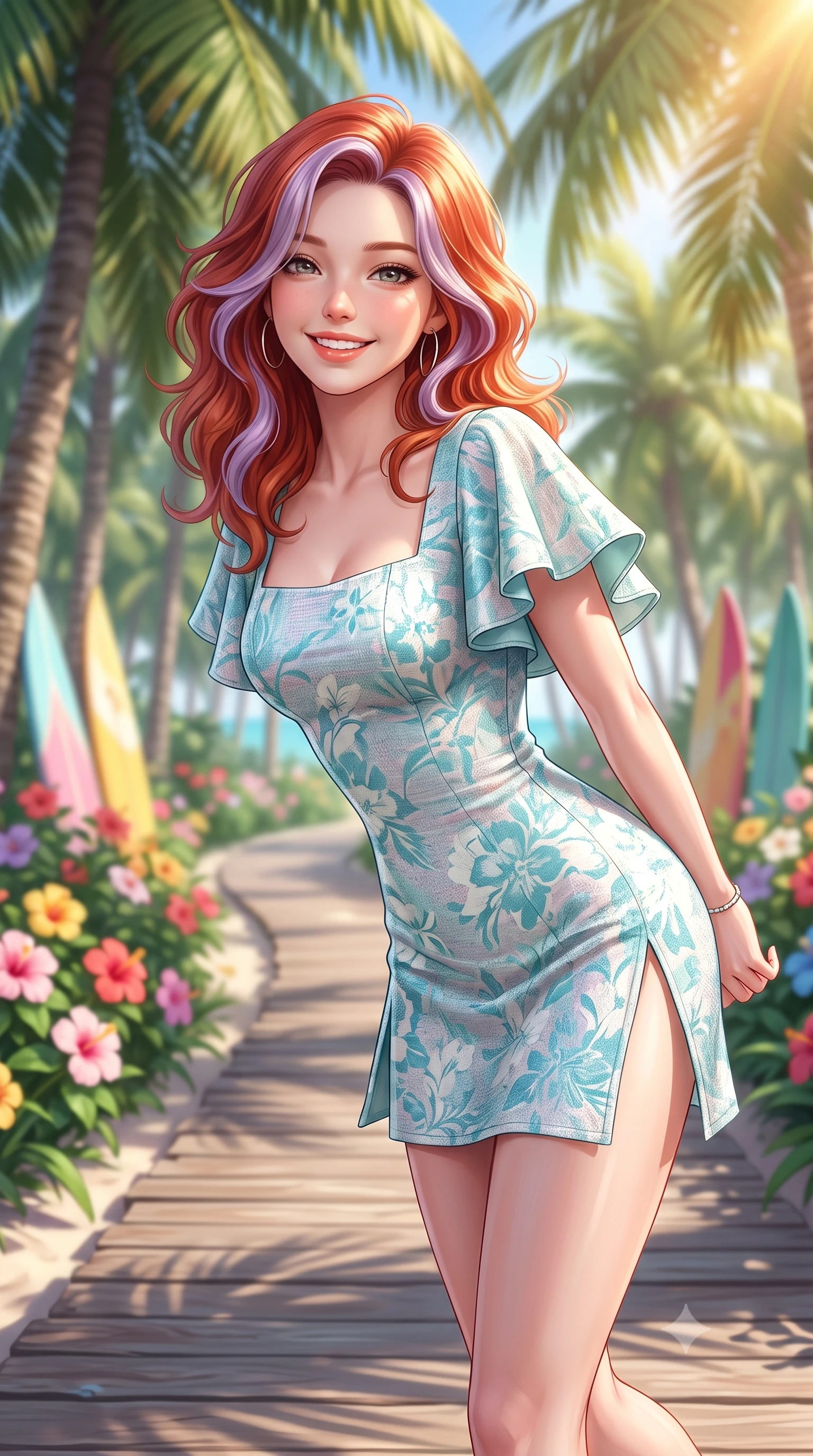 score_9, masterpiece, best quality, ultra-detailed, high-budget anime keyframe, semi-realistic 3D game render, editorial fashion photography, tasteful artistic composition, Caucasian woman. close-up cowboy shot from the waist and thighs up, the character dominates the composition, filling the frame with her large presence. leaning forward with playful cute grace while arching her lower back to accentuate her curvy hips, looking into the camera with a bright cheerful smile and alluring coquettish bedroom-eyes while striding cheerfully along the wooden boardwalk leading through a shaded coconut palm grove, arching her back with an infectious sun-kissed smile. The composition keeps background elements in soft focus with dreamy creamy bokeh. hibiscus flower bushes and colorful surfboards softened in vibrant Hawaiian shallow focus. She has an exceptionally elegant, slender, and willowy female figure with an ultra-slim waist, flat toned midriff, narrow ribcage, and sculpted feminine hips creating an alluring, slim hourglass silhouette without bulk. sharp v-shaped jawline, high-bridge nose, intricate jewel-like sparkling eyes with depth, thick eyelashes, glossy parted lips with a natural peach sheen, bright cheerful beaming smile with an enchanting and coquettish sensual glint, exuding both youthful cute charm and seductive allure, flawlessly proportioned anatomical accuracy, strict slender model proportions, natural body alignment, perfectly sculpted long slender limbs, ultra-slim waistline, clean dynamic posture without body distortion. wearing a modern cute qipao mini dress with double side slits ascending to the hip in pastel floral silk in ocean turquoise and sea-salt white, tailored from soft pastel tweed with subtle metallic shimmer, featuring elegant flutter sleeves and a graceful square neckline, the liquid-tight tailored fabric clinging flawlessly to her narrow waist and rounded feminine hips, emphasizing every millimeter of her sculpted slim hourglass curves without any bulky heaviness. bathed in brilliant tropical afternoon golden sunlight and radiant turquoise water bounce fill. highly saturated vibrant anime colors, detailed shading with soft gradients, rich glossy textures, high-contrast stereoscopic depth, volumetric dynamic lighting, master piece, 9:16 ratio