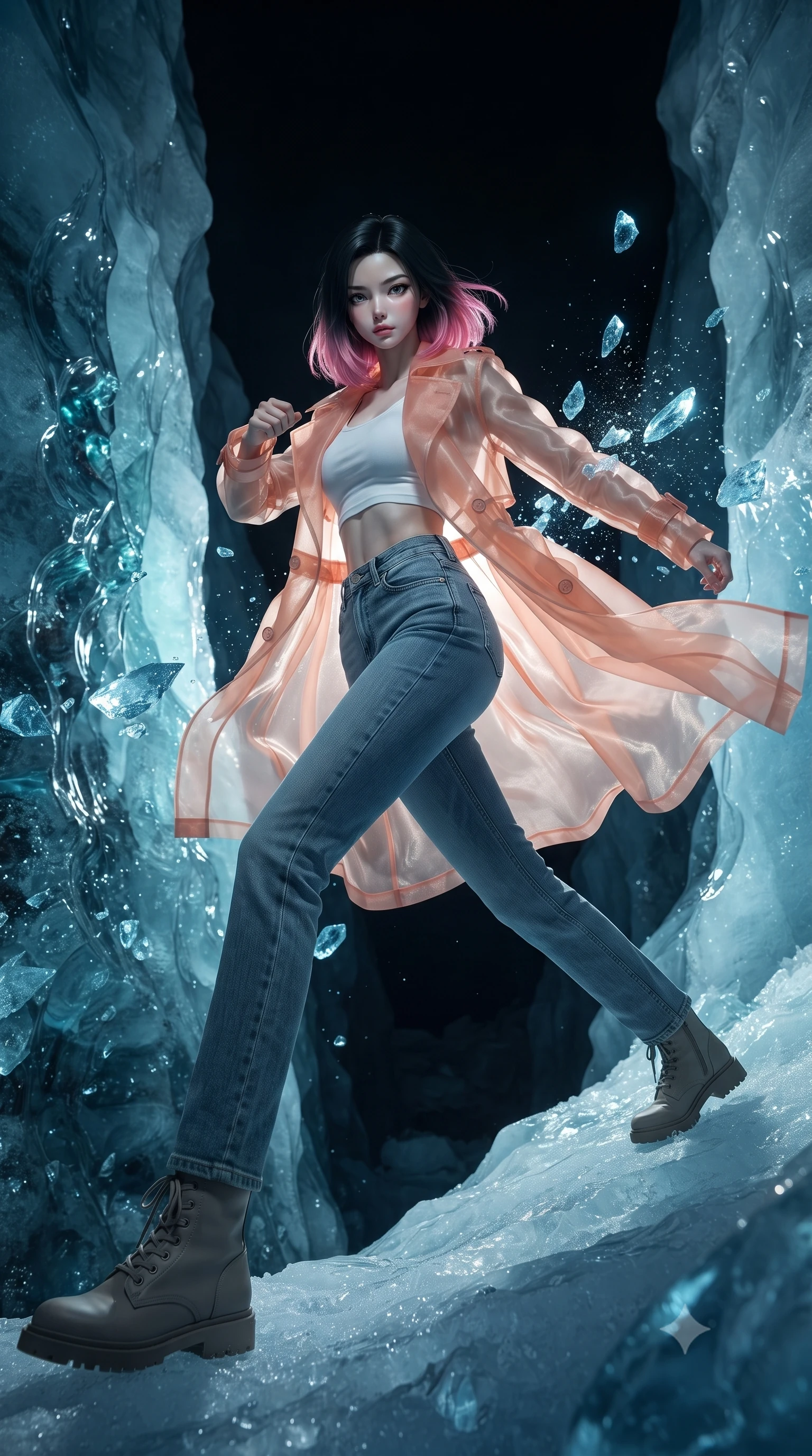 score_9, masterpiece, best quality, ultra-detailed, high-budget anime keyframe, editorial fashion photography, tasteful artistic composition, realistic cosplay photography, Korean woman. low angle full-body shot from head to toe showing her feet, filling the entire 9:16 vertical frame with her statuesque presence, stretching her vertical silhouette. lunging forward with a piercing thrust, her entire silhouette stretched in action through a narrow ice ridge of a giant cracking glacier, shards of sapphire-blue ice spraying into the freezing mountain air. She has a statuesque 8.5-heads proportion, an exceptionally tall, slender and willowy model-like build with impossibly long legs and a highly sculpted ultra-slim waist. sharp v-shaped jawline, high-bridge nose, intricate jewel-like eyes with depth, thick eyelashes, glossy lips with a natural sheen. wearing the lightweight fabric rippling and billowing dramatically with her movement, a slim-fit sheer peach organza trench coat worn open over a white crop top and high-waisted raw denim jeans. soft aqua bioluminescent light making her skin luminously glow against darkness. ultra-reflective glossy finish, specular highlights, metallic sheen, high-contrast stereoscopic depth, volumetric dynamic lighting, 2k, ultra detail, master piece, 9:16 ratio