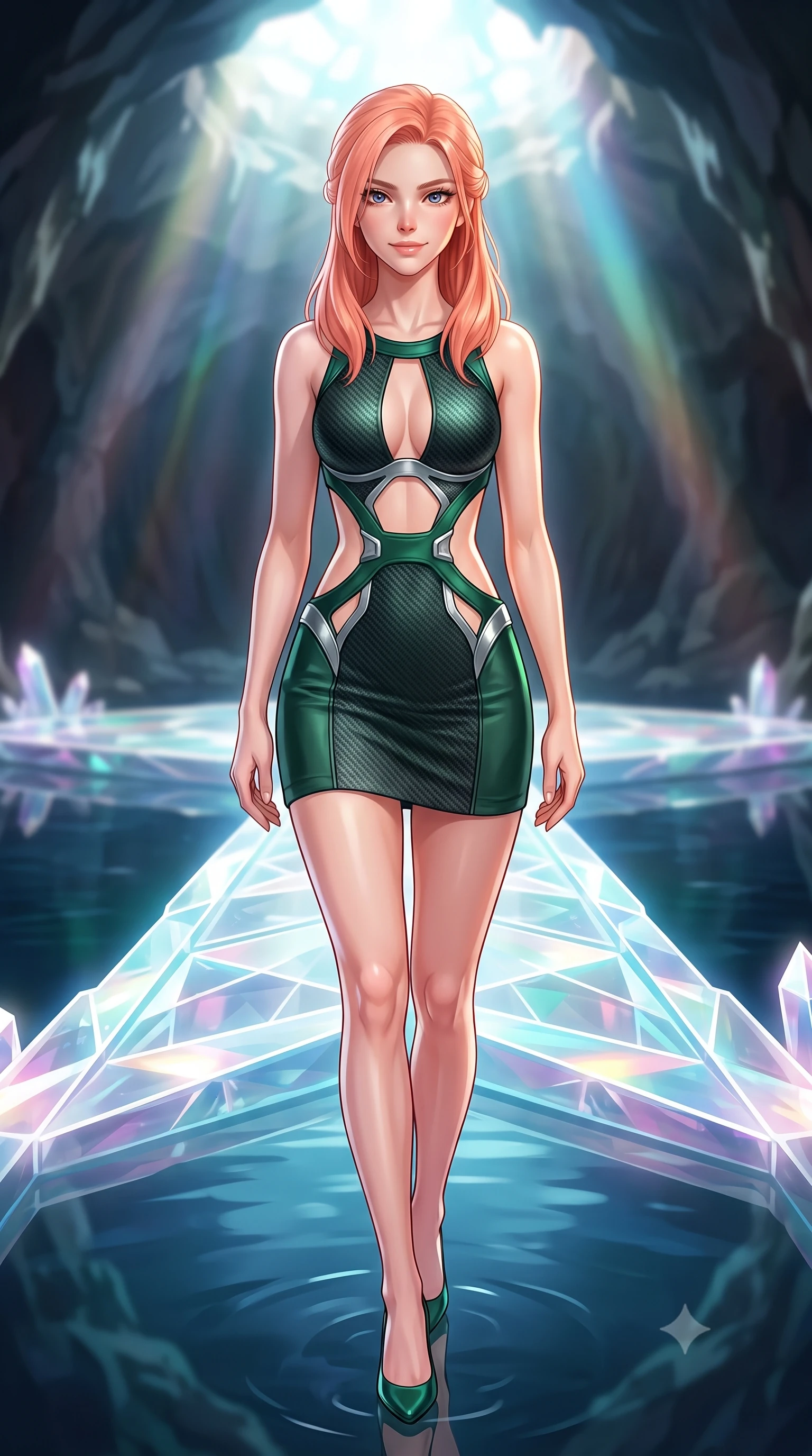score_9, masterpiece, best quality, ultra-detailed, high-budget anime keyframe, editorial fashion photography, tasteful artistic composition, Japanese woman. close-up cowboy shot from the waist and thighs up, the character dominates the composition, filling the frame with her large presence, background elements kept in soft focus. Smiling with quiet, magnetic self-assurance directly into the lens stepping along a glowing quartz crystal bridge over a subterranean mirror lake, still mirror-like water below reflecting her statuesque figure flawlessly. She has an exceptionally elegant, slender, and willowy female figure with an ultra-slim waist, a gracefully sculpted slender torso, and a refined silhouette. sharp v-shaped jawline, high-bridge nose, intricate jewel-like eyes with depth, thick eyelashes, glossy lips with a natural sheen. wearing a dramatic open-waist cutout mini dress framed by sculptural hardware in deep emerald green and silver accent, made of fine carbon-fiber weave and soft matte leather, accented with a Tasteful chest slit framing her clavicle gracefully, the tailored fabric tightly following every curve of her athletic build. bathed in brilliant prismatic light filtering from a natural cavern skylight. highly saturated vibrant anime colors, detailed shading with soft gradients, rich glossy textures, high-contrast stereoscopic depth, volumetric dynamic lighting, master piece, 9:16 ratio