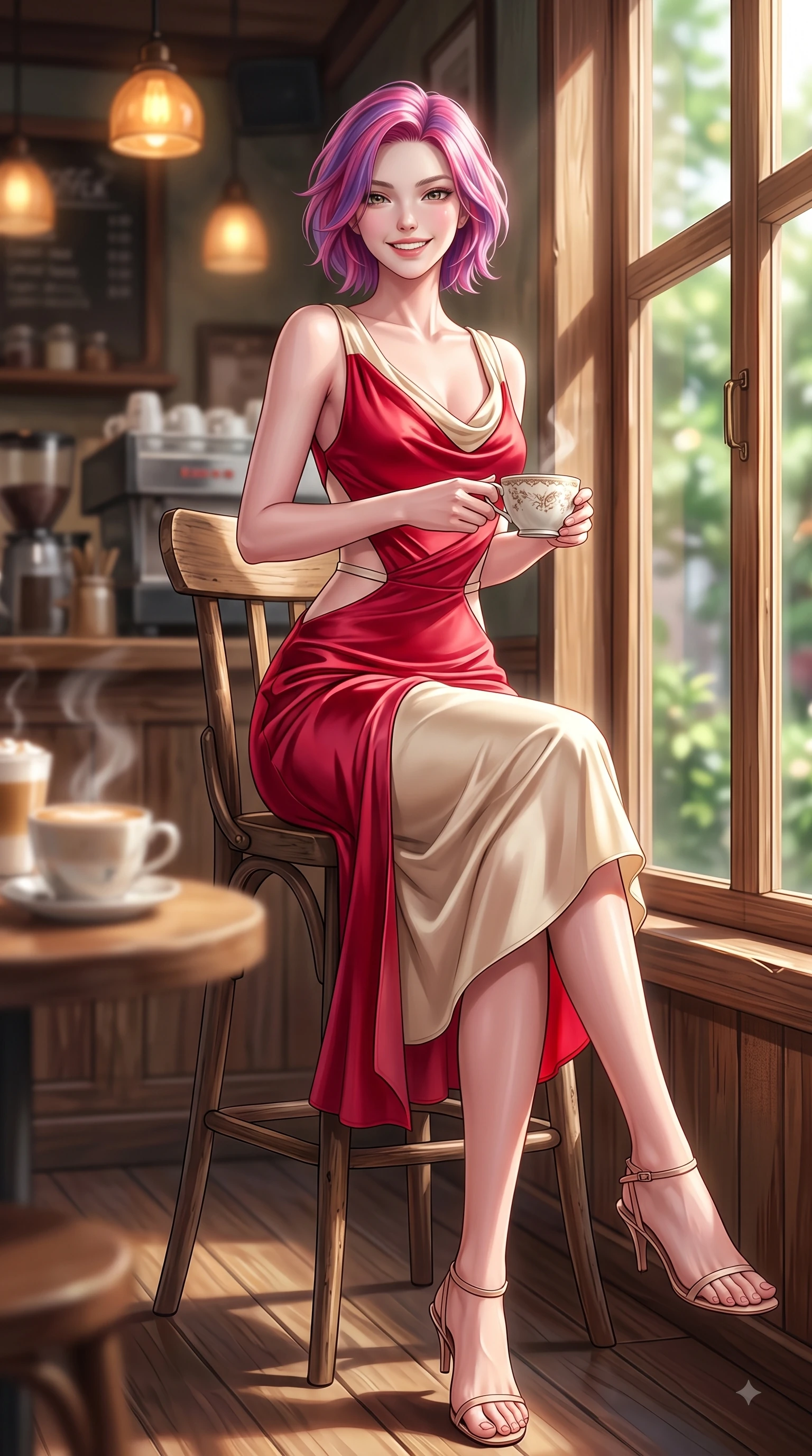 score_9, masterpiece, best quality, ultra-detailed, high-budget anime keyframe, editorial fashion photography, tasteful artistic composition, Caucasian woman. low angle full-body shot from head to toe showing her feet, filling the entire 9:16 vertical frame with her statuesque presence, stretching her vertical silhouette. pivoting dynamically with a fresh infectious smile, her ultra-slim waist creating a sweeping fluid curve while sitting by a sunlit wooden window inside a cozy cafe, holding a porcelain coffee cup. The composition keeps background elements in soft focus with dreamy bokeh. steaming latte cups and rustic coffee bar counters blurred smoothly behind her. She has an absolutely perfect, statuesque 8.5-heads proportion, an exceptionally tall and slender model-like female figure with impossibly long slender legs and an ultra-slim waist. sharp v-shaped jawline, high-bridge nose, intricate jewel-like eyes with depth, thick eyelashes, glossy lips with a natural sheen, flawlessly proportioned anatomical accuracy, natural body alignment, perfectly sculpted elegant limbs, clean dynamic posture without body distortion. wearing an elegant cowl-neck silk satin midi dress with a graceful draped neckline in vivid crimson red and champagne cream, crafted from lightweight fluid chiffon, complemented by clean architectural cutouts along her slender torso, the sleek second-skin texture accentuating her magnetic presence. illuminated by soft glowing amber indoor lamps and natural garden reflections. highly saturated vibrant anime colors, detailed shading with soft gradients, rich glossy textures, high-contrast stereoscopic depth, volumetric dynamic lighting, master piece, 9:16 ratio