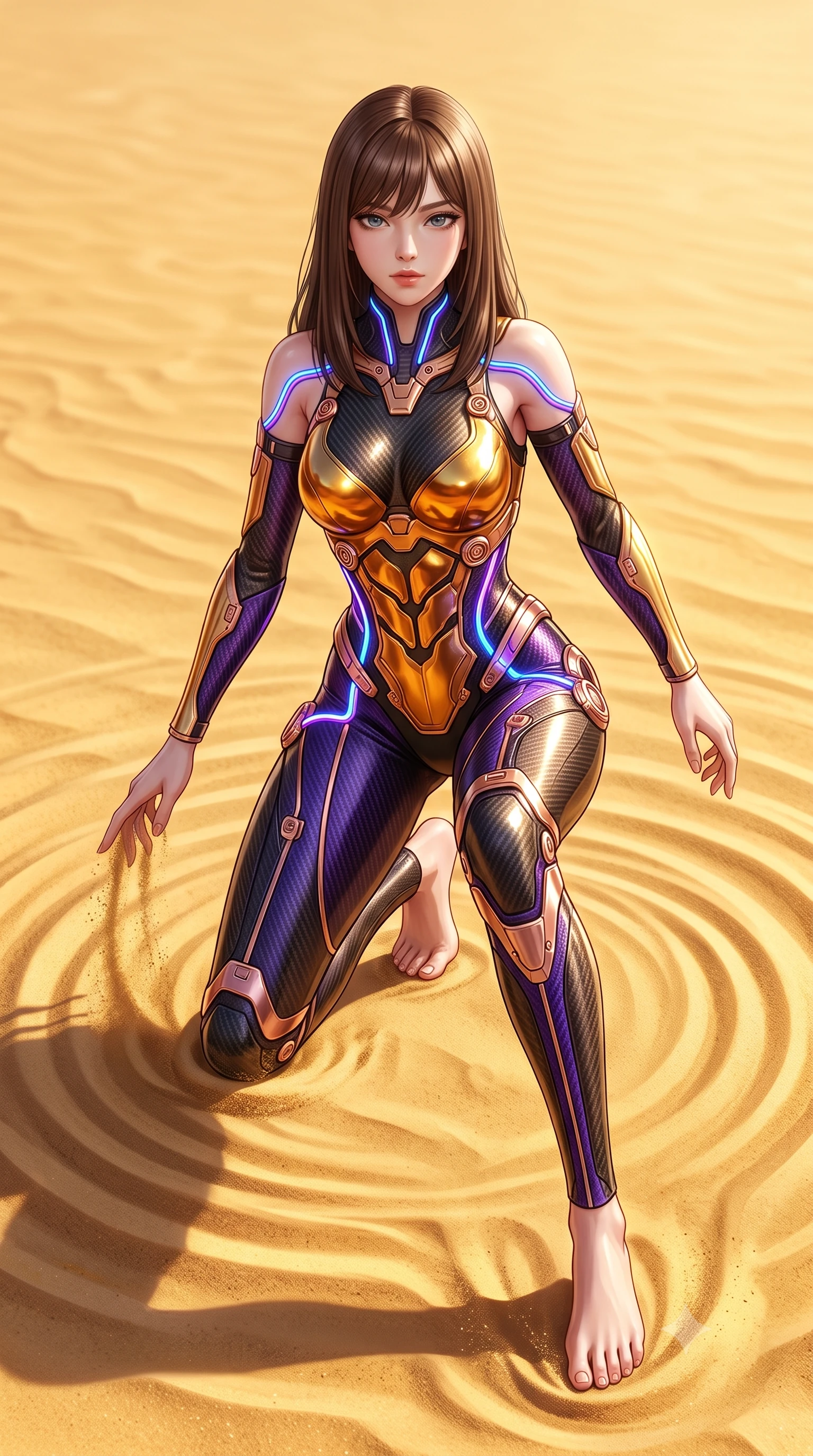 score_9, masterpiece, best quality, ultra-detailed, high-budget anime keyframe, semi-realistic 3D game render, editorial fashion photography, tasteful artistic composition, Korean woman. low angle full-body shot from head to toe showing her feet, filling the entire 9:16 vertical frame with her statuesque presence, stretching her vertical silhouette. landing gracefully from a high-altitude leap on one knee and palm, her statuesque silhouette framed by radial shockwave ripples in the ground while sliding across the sand into a low defensive crouch with one hand trailing through the golden grains with captivating allure. The surrounding environment is rendered in vivid detail and crisp panoramic clarity. vibrant high-contrast desert arena lighting and heroic warrior aesthetics rendered in panoramic precision. She has an absolutely perfect, statuesque 8.5-heads proportion, an exceptionally tall and slender model-like female figure with impossibly long slender legs, a toned flat midriff, and an ultra-slim waist. sharp v-shaped jawline, high-bridge nose, intricate jewel-like eyes with depth, thick eyelashes, glossy lips with a natural sheen, flawlessly proportioned anatomical accuracy, strict slender model proportions, natural body alignment, perfectly sculpted long slender limbs, ultra-slim waistline, clean dynamic posture without body distortion. wearing a sculpted molten-gold and dark carbon cuirass paired with high-mobility combat leggings and kinetic energy channels in royal purple carbon fiber with rose-gold hardware and clasps, crafted from semi-translucent cybernetic carbon-vinyl interwoven with glowing micro-filaments, accented with glowing fiber-optic conduits tracing her collarbones and hip curves, the sleek second-skin cut tightly hugging her graceful clavicle, narrow waist, and feminine curves with athletic precision. illuminated by crisp white key lighting with sharp specular highlights tracing her ultra-slim waist and long legs. rich saturated anime colors with glowing neon highlights, detailed shading with soft gradients, rich glossy textures, high-contrast stereoscopic depth, volumetric dynamic lighting, master piece, 9:16 ratio