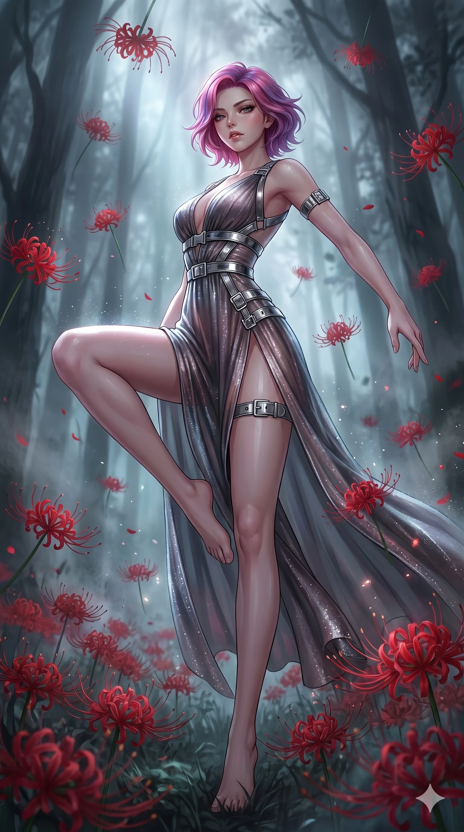score_9, masterpiece, best quality, ultra-detailed, High-budget Anime Keyframe, East Asian woman. Low angle cowboy shot filling the entire 9:16 frame with her statuesque presence. Scenario 15: Dancing amidst falling red spider lilies in a misty dark forest. Her presence is magnetic and overpowering in this high-budget anime scene. Outfit 15: A shimmering chiffon bare with a thigh-high slit and metallic buckles. The clothing is designed to emphasize her exceptionally tall and slender 8-heads proportion. 8-heads proportion, towering silhouette, ultra-slim waist. sharp v-shaped jawline, intricate jewel-like eyes with depth, thick eyelashes, glossy lips. 2k, ultra detail, master piece, 9:16 ratio