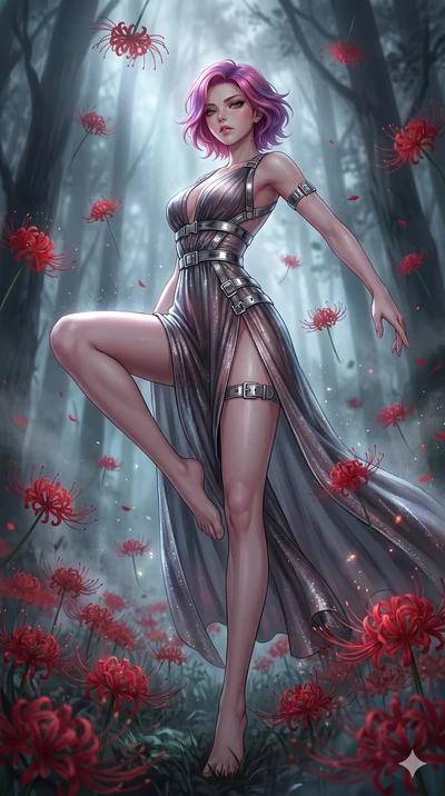 score_9, masterpiece, best quality, ultra-detailed, High-budget Anime Keyframe, East Asian woman. Low angle cowboy shot filling the entire 9:16 frame with her statuesque presence. Scenario 15: Dancing amidst falling red spider lilies in a misty dark 