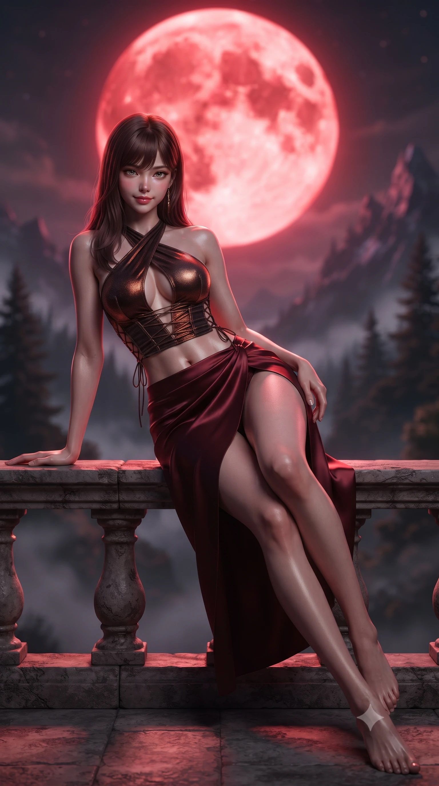score_9, masterpiece, best quality, ultra-detailed, high-budget anime keyframe, editorial fashion photography, tasteful artistic composition, Korean woman. low angle full-body shot from head to toe showing her feet, filling the entire 9:16 vertical frame with her statuesque presence, stretching her vertical silhouette. stepping slowly toward the camera with hypnotic grace, hips swaying in an alluring sensual rhythm that accentuates her curvy hourglass silhouette and long slender legs while lounging on the stone balcony bench propped on one elbow, her flat midriff and statuesque 8.5-heads build commanding the nocturnal abyss. The background shows a soft-focus the colossal glowing crimson blood moon, jagged pine-covered mountain peaks, and swirling valley fog blurred into blood-orange, charcoal, and violet bokeh. She has an absolutely perfect, statuesque 8.5-heads proportion, an exceptionally tall and slender model-like female figure with impossibly long slender legs, an ultra-slim waist, a flat toned midriff, narrow delicate ribcage, and beautifully sculpted feminine hips creating a graceful, slim hourglass silhouette without any bulky heaviness. sharp v-shaped jawline, high-bridge nose, sparkling eyes with hypnotic seductive depth, thick curled eyelashes, glossy parted lips with a natural dewy peach sheen, alluring bedroom-eyes with an enchanting coquettish smile, exuding magnetic siren charisma and sophisticated glamour, flawlessly proportioned anatomical accuracy, strict slender model proportions, natural body alignment, perfectly sculpted long slender limbs, ultra-slim waistline, clean dynamic posture without body distortion. wearing a high-waisted dark crimson satin wrap sarong skirt with hip-high slit paired with a plunging criss-cross halter corset in sultry espresso bronze and metallic copper with velvet sheen, woven from stretch metallic lurex jersey casting radiant starlight glints across her silhouette, finished with fine criss-cross lace-up side ties revealing tantalizing glimpses of her hip curve, the second-skin tailored fabric adhering flawlessly to her sculpted flat midriff and slender torso, emphasizing her long leg lines and perfectly proportioned willowy build. bathed in otherworldly crimson lunar illumination cascading directly from the giant blood moon. ultra-reflective glossy finish, specular highlights, rich textural contrasts, high-contrast stereoscopic depth, volumetric dynamic lighting, 2k, ultra detail, master piece, 9:16 ratio