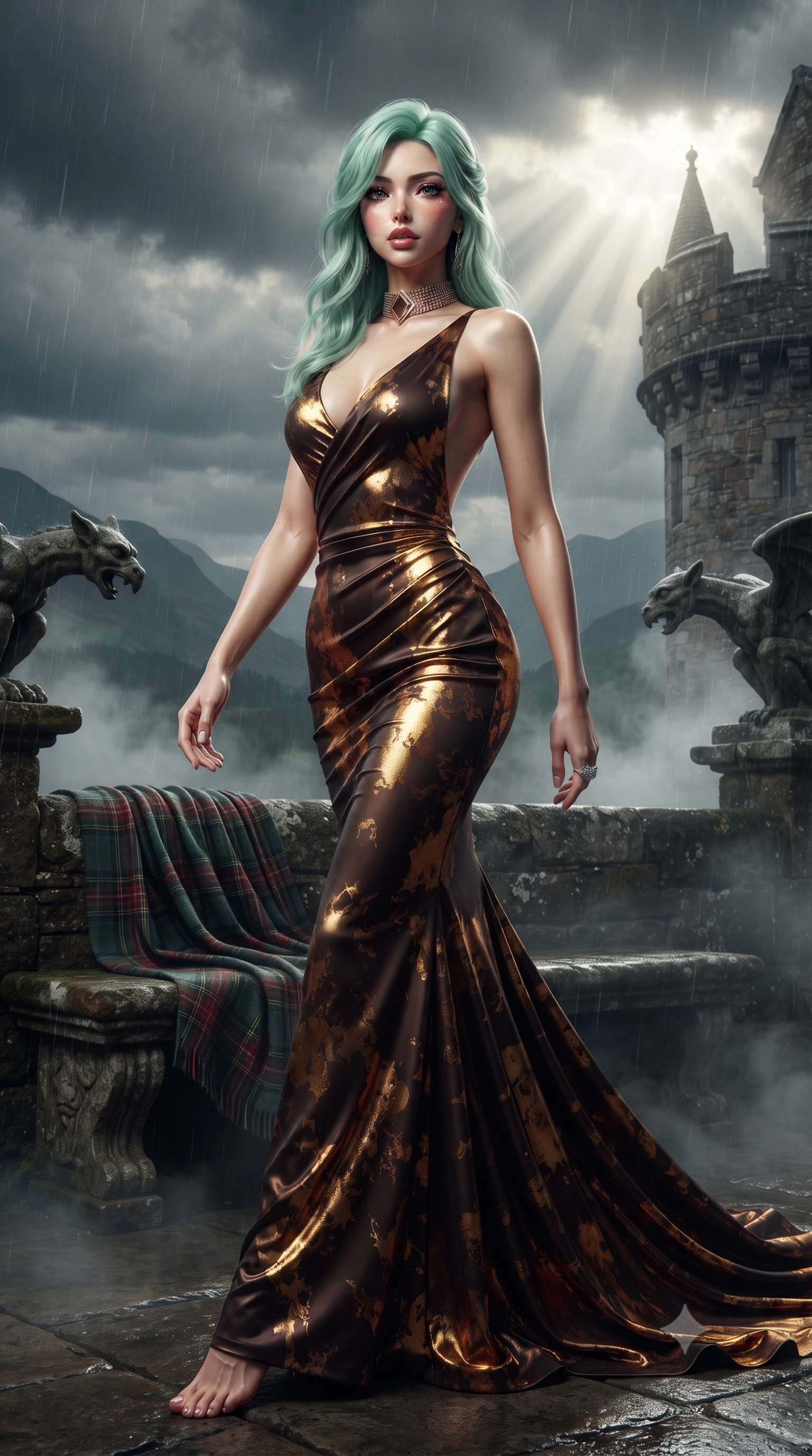 score_9, masterpiece, best quality, ultra-detailed, high-budget anime keyframe, editorial fashion photography, tasteful artistic composition, Japanese woman. low angle full-body shot from head to toe showing her feet, filling the entire 9:16 vertical frame with her statuesque presence, stretching her vertical silhouette. striding forward in a proud supermodel runway stride, hips swaying in an alluring kinetic rhythm that accentuates her curvy hourglass silhouette while reclining against a tartan-draped stone bench on the castle parapet, her slender waist and feminine curves highlighted against the moody Scottish panorama. The composition keeps background elements in soft focus with creamy bokeh. weathered castle gargoyles and swirling rain mist softened in cinematic atmospheric shallow focus. She has an exceptionally tall and slender model-like 8.5-heads proportion, an ultra-slim waist, a flat toned midriff, narrow delicate ribcage, and beautifully sculpted feminine hips creating a graceful, slim hourglass silhouette without any bulky heaviness, with impossibly long slender legs. sharp v-shaped jawline, high-bridge nose, intricate jewel-like eyes with depth, thick eyelashes, glossy parted lips with a natural sheen, intensely captivating and seductive bedroom-eyes expression, flawlessly proportioned anatomical accuracy, strict slender model proportions, natural body alignment, perfectly sculpted long slender limbs, ultra-slim waistline, clean dynamic posture without body distortion. wearing an open-back duchess satin gala gown with a dramatic hip-hugging drape and cascading trailing hem in dark espresso brown and molten gold foil, tailored from liquid silk jersey adhering flawlessly to her slender build, complemented by a bold geometric choker and sparkling cocktail ring, the form-contouring material adhering flawlessly to her sculpted flat midriff and slender torso, emphasizing her long leg lines and perfectly proportioned willowy build. bathed in dramatic god-ray sunlight bursting through dark storm clouds onto the turret. ultra-reflective glossy finish, specular highlights, rich textural contrasts, high-contrast stereoscopic depth, volumetric dynamic lighting, 2k, ultra detail, master piece, 9:16 ratio