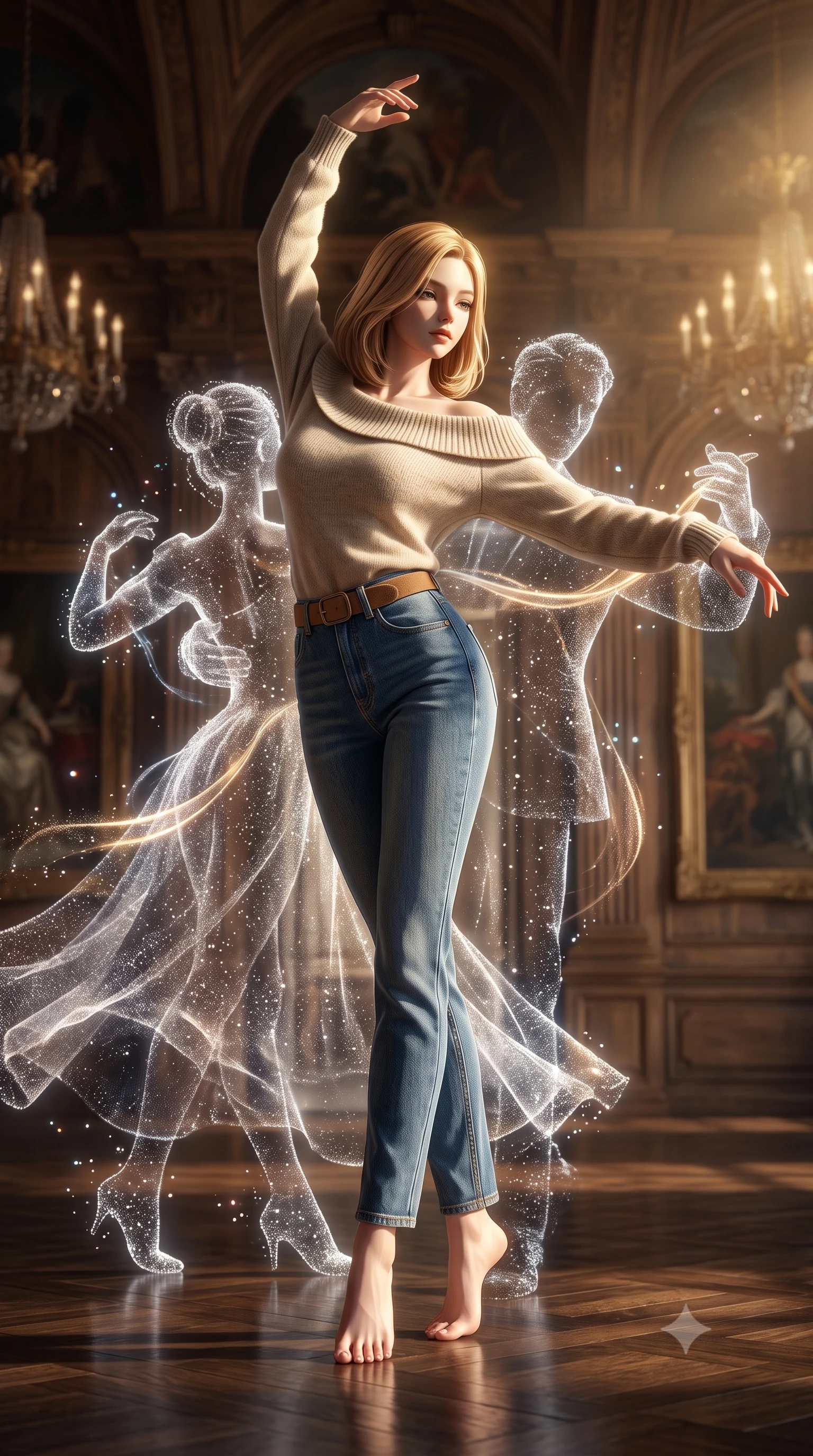 score_9, masterpiece, best quality, ultra-detailed, high-budget anime keyframe, editorial fashion photography, tasteful artistic composition, Korean woman. low angle full-body shot from head to toe showing her feet, filling the entire 9:16 vertical frame with her statuesque presence, stretching her vertical silhouette. dancing with weightless grace through a grand ballroom where quantum particles appear and disappear in probability clouds ghostly translucent waltz partners materializing and dissolving with each observation wave functions collapsing into brief moments of beauty. She has a statuesque 8.5-heads proportion, an exceptionally tall, slender and willowy model-like build with impossibly long legs and a highly sculpted ultra-slim waist. sharp v-shaped jawline, high-bridge nose, intricate jewel-like eyes with depth, thick eyelashes, glossy lips with a natural sheen. wearing an oatmeal cashmere off-shoulder knit sweater layered over high-waisted raw blue denim and a camel suede belt. dramatic chiaroscuro with a single golden key light sculpting her silhouette. 2k, ultra detail, master piece, 9:16 ratio