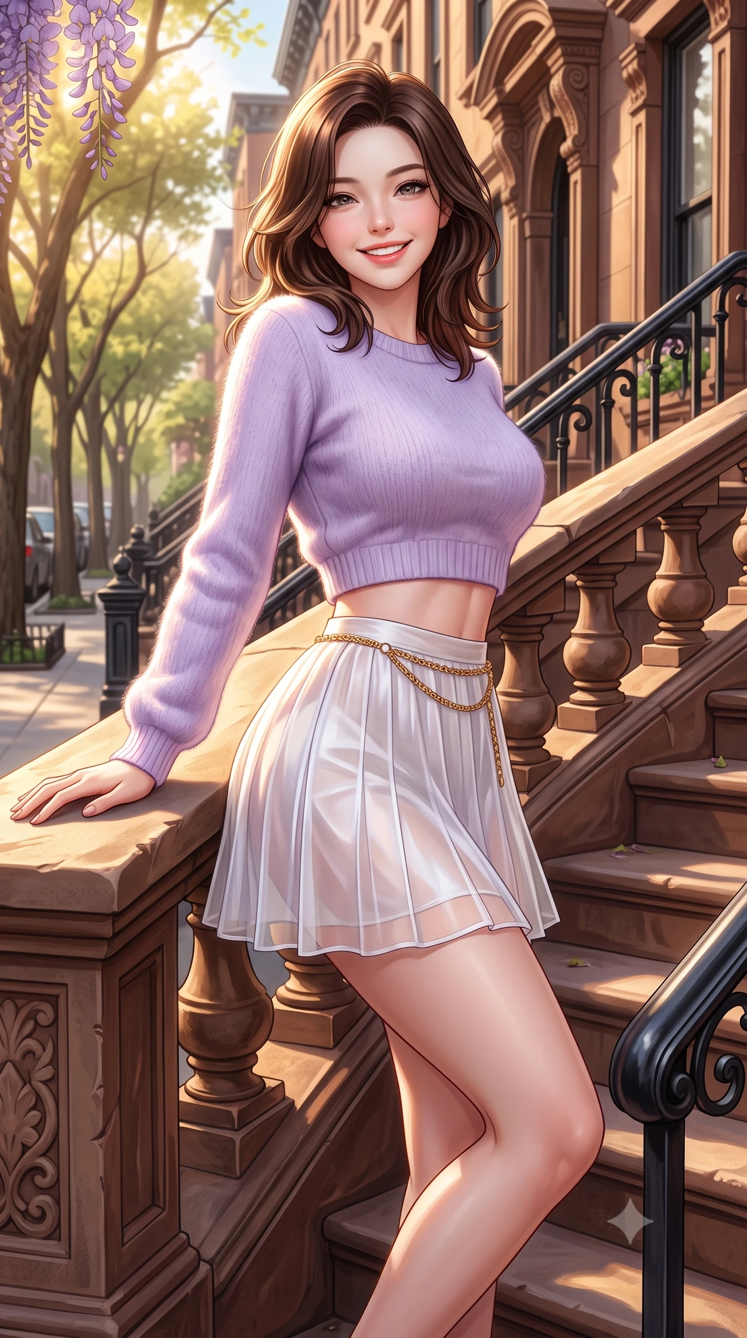 score_9, masterpiece, best quality, ultra-detailed, high-budget anime keyframe, semi-realistic 3D game render, editorial fashion photography, tasteful artistic composition, Korean woman. close-up cowboy shot from the waist and thighs up, the character dominates the composition, filling the frame with her large presence. leaning back against the sunlit railing with relaxed seductive grace, her flat midriff and narrow waist highlighted as she smiles brightly with bewitching eyes while walking down the stone steps with sovereign grace, her trendy form-contouring real-way outfit hugging her narrow waist and feminine hips. The surrounding environment is rendered in vivid detail and crisp panoramic clarity. sharp carved brownstone masonry textures, black iron handrail details, and wisteria petal venation in deep focus. She has an exceptionally elegant, slender, and willowy female figure with an ultra-slim waist, flat toned midriff, narrow ribcage, and sculpted feminine hips creating an alluring, slim hourglass silhouette without bulk. sharp v-shaped jawline, high-bridge nose, intricate jewel-like sparkling eyes with depth, thick eyelashes, glossy parted lips with a natural peach sheen, bright cheerful beaming smile with an enchanting and coquettish sensual glint, exuding both youthful cute charm and seductive allure, flawlessly proportioned anatomical accuracy, strict slender model proportions, natural body alignment, perfectly sculpted long slender limbs, ultra-slim waistline, clean dynamic posture without body distortion. wearing a soft angora crop knit sweater with a sheer pleated organza mini skirt over an opaque silk slip in delicate lavender violet and pearlescent white, tailored from fine lightweight chiffon that flutters gently in the breeze, accented with a delicate gold chain belt resting loosely on her curvy hips, the glove-like silhouette tightly following the natural contour of her hips and long slender legs with youthful 8.5-heads elegance. bathed in warm, golden afternoon sunlight streaming down the historic tree-lined street. highly saturated vibrant anime colors, detailed shading with soft gradients, rich glossy textures, high-contrast stereoscopic depth, volumetric dynamic lighting, master piece, 9:16 ratio