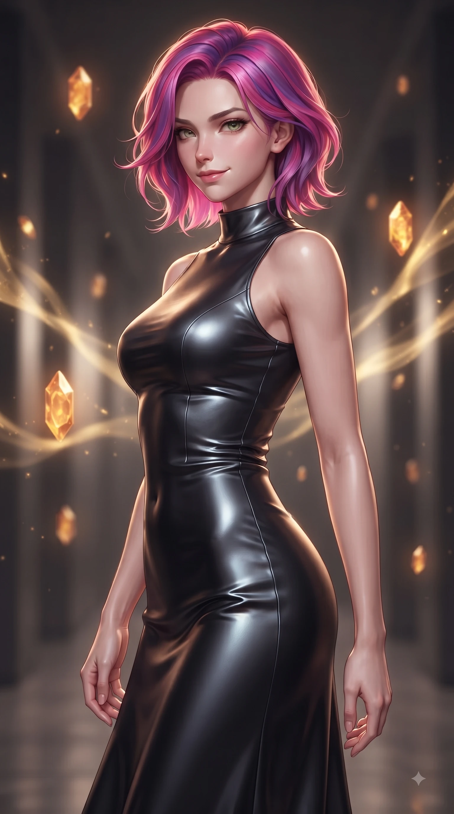 score_9, masterpiece, best quality, ultra-detailed, high-budget anime keyframe, editorial fashion photography, tasteful artistic composition, Caucasian woman woman. close-up cowboy shot from the waist and thighs up, the character dominates the composition, filling the frame with her large presence, background elements kept in soft focus. She has an exceptionally elegant, slender, and willowy female figure with an ultra-slim waist, a gracefully sculpted slender torso, and a refined silhouette. glancing sidelong over her shoulder with a smoldering, magnetic half-smile, flawlessly proportioned anatomical accuracy, natural body alignment, perfectly sculpted elegant limbs, clean dynamic posture without body distortion. set against a soft-focus background of a temporal corridor with floating amber time crystals. wearing a sleek obsidian liquid silk midi dress with a tight tailored waistline. bathed in golden temporal energy flares casting dramatic volumetric rim lighting. ultra-reflective glossy finish, specular highlights, metallic sheen, high-contrast stereoscopic depth, volumetric dynamic lighting, 2k, ultra detail, master piece, 9:16 ratio