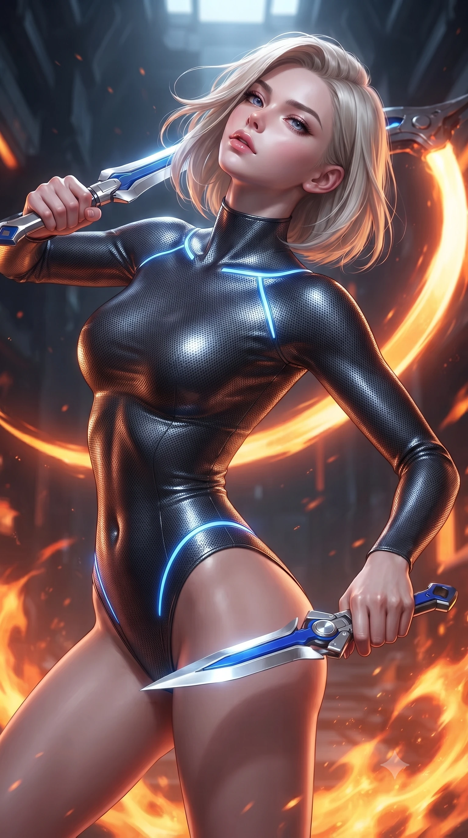 score_9, masterpiece, best quality, ultra-detailed, high-budget anime keyframe, editorial fashion photography, tasteful artistic composition, Caucasian woman. close-up cowboy shot from the waist and thighs up, the character dominates the composition, filling the frame with her large presence. tilting her head back with serene regal elegance, her sharp jawline and sculpted collarbones highlighted by glowing weapon energy reflections while pivoting dynamically in a sweeping spin as the molten-orange plasma scythe blade leaves a blazing crescent of light in mid-air. The surrounding environment is rendered in vivid detail and crisp panoramic clarity. intense geothermal chiaroscuro and raw high-tech forging architecture rendered with precision. She has an exceptionally elegant, slender, and willowy female figure with an ultra-slim waist, a gracefully sculpted slender torso, toned flat midriff, and a refined slim silhouette. sharp v-shaped jawline, high-bridge nose, intricate jewel-like eyes with depth, thick eyelashes, glossy lips with a natural sheen, flawlessly proportioned anatomical accuracy, strict slender model proportions, natural body alignment, perfectly sculpted long slender limbs, ultra-slim waistline, clean dynamic posture without body distortion. wearing an aerodynamic dark titanium carbon-mesh jumper with glowing blue fiber lines, holding twin chrome vibro-daggers with deadly supermodel poise in electric cobalt blue carbon with polished platinum trim, made of liquid carbon-jersey fabric adhering flawlessly to her sculpted silhouette, accented with glowing fiber-optic conduits tracing her collarbones and hip curves, the sleek second-skin cut tightly hugging her graceful clavicle, narrow waist, and feminine curves with athletic precision. surrounded by a fierce, elemental, and irresistibly powerful cyber-valkyrie of fire atmosphere. ultra-reflective glossy finish, specular highlights, dark metallic sheen, high-contrast stereoscopic depth, volumetric dynamic lighting, 2k, ultra detail, master piece, 9:16 ratio