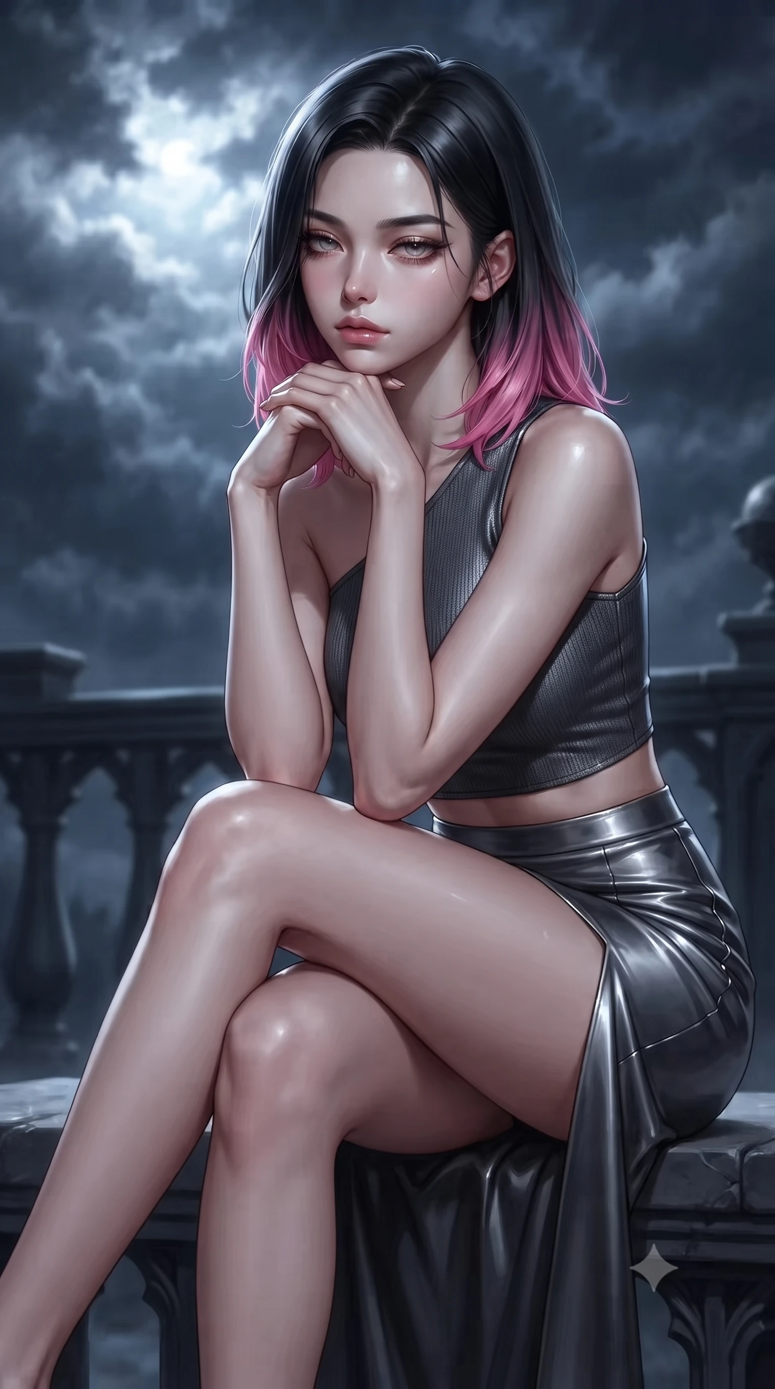 score_9, masterpiece, best quality, ultra-detailed, high-budget anime keyframe, editorial fashion photography, tasteful artistic composition, Korean woman. close-up cowboy shot from the waist and thighs up, the character dominates the composition, filling the frame with her large presence, background elements kept in soft focus. resting her chin on the backs of her fingers, casting a heavy-lidded, sultry look past the camera the background shows a soft-focus a gothic estate balustrade facing a stormy night sky with swirling dark clouds. She has an exceptionally elegant, slender, and willowy female figure with an ultra-slim waist, a gracefully sculpted slender torso, and a refined silhouette. sharp v-shaped jawline, high-bridge nose, intricate jewel-like eyes with depth, thick eyelashes, glossy lips with a natural sheen. wearing a tailored asymmetric one-shoulder crop top in charcoal knit, paired with a high-slit skirt. cool silver moonlight breaking through cloud gaps to illuminate her posture. ultra-reflective glossy finish, specular highlights, metallic sheen, high-contrast stereoscopic depth, volumetric dynamic lighting, 2k, ultra detail, master piece, 9:16 ratio