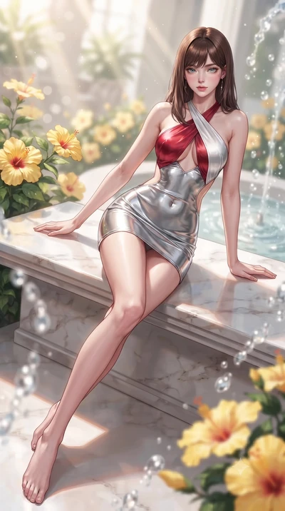 score_9, masterpiece, best quality, ultra-detailed, high-budget anime keyframe, editorial fashion photography, tasteful artistic composition, Korean woman. low angle full-body shot from head to toe showing her feet, filling the entire 9:16 vertical f