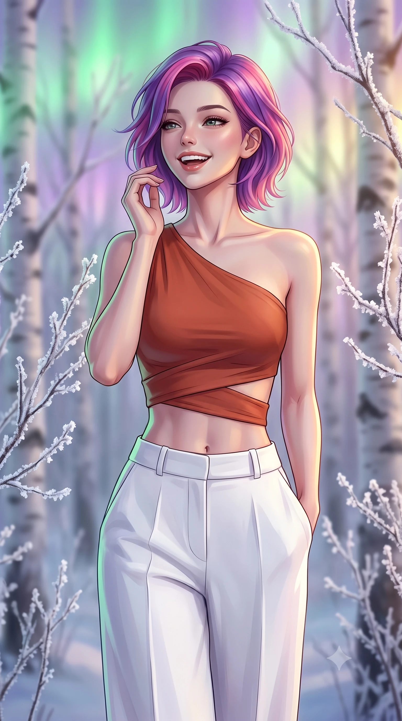 score_9, masterpiece, best quality, ultra-detailed, high-budget anime keyframe, editorial fashion photography, tasteful artistic composition, Caucasian woman, strictly human ears. close-up cowboy shot from the waist and thighs up, the character dominates the composition, filling the frame with her large presence, background elements kept in soft focus. Gently laughing with her head tilted back slightly in relaxed joy. set against a soft-focus background of walking through a quiet white birch grove where every twig is coated in a thick layer of crystal frost at sunrise. She has an exceptionally elegant, slender, and willowy female figure with a highly-defined ultra-slim waist, a gracefully sculpted slender torso, and a refined slim-fit silhouette that contours her form. sharp v-shaped jawline, high-bridge nose, intricate jewel-like eyes with depth, thick eyelashes, glossy lips with a natural sheen. wearing an asymmetric crop top in terracotta paired with high-waisted white wide-leg pants. illuminated by a shifting aurora palette of green violet and gold from above. 2k, ultra detail, master piece, 9:16 ratio