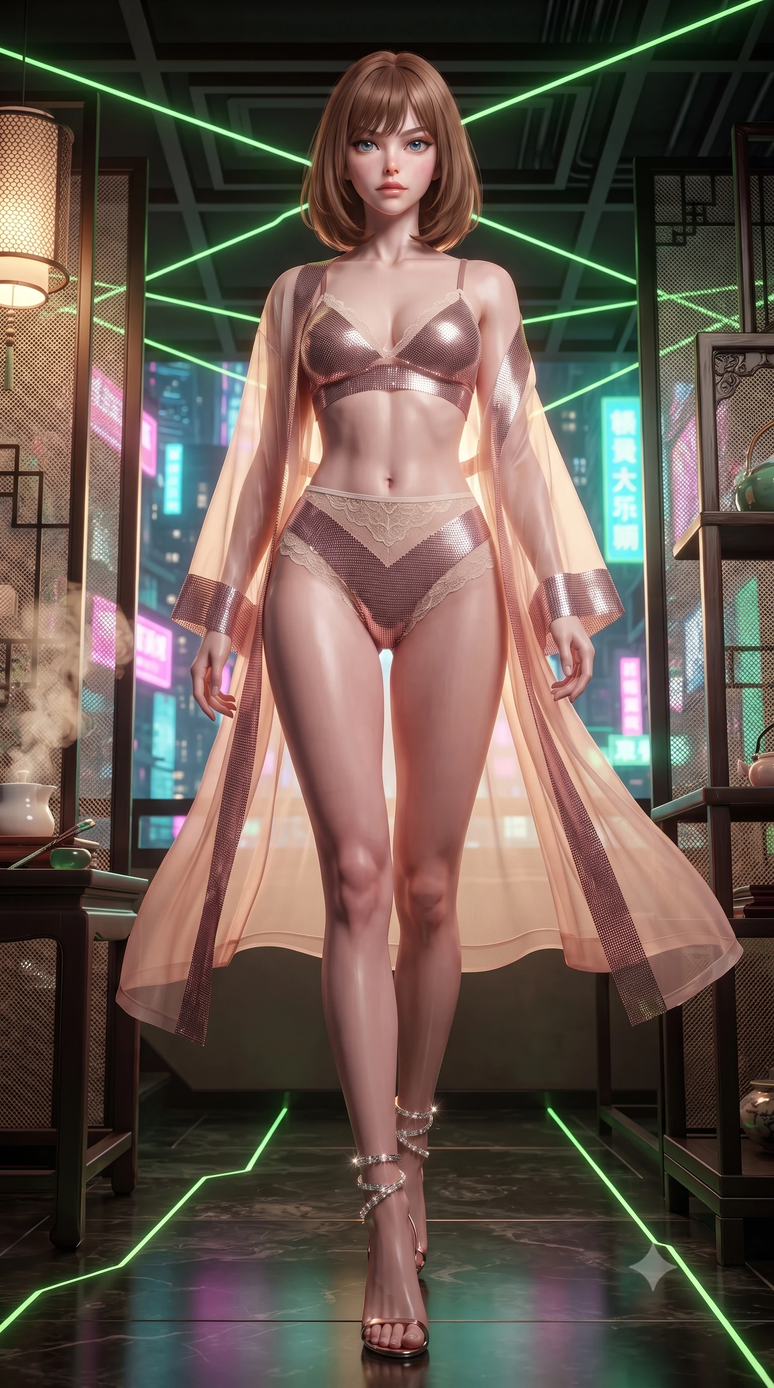 score_9, masterpiece, best quality, ultra-detailed, high-budget anime keyframe, editorial fashion photography, tasteful artistic composition, Caucasian woman. low angle full-body shot from head to toe showing her feet, filling the entire 9:16 vertical frame with her statuesque presence, stretching her vertical silhouette. stepping slowly toward the camera with hypnotic grace, hips swaying in an alluring sensual rhythm that accentuates her curvy hourglass silhouette and long slender legs while twisting her slender torso in an alluring contrapposto stance, rising tea steam and rainy neon skyscraper reflections framing her curves. The surrounding environment is rendered in vivid detail and crisp panoramic clarity: detailed modern cheongsam-inspired sheer mesh dress tailoring, jade hairpin gleam, and precision interior craft in razor-sharp precision. She has an absolutely perfect, statuesque 8.5-heads proportion, an exceptionally tall and slender model-like female figure with impossibly long slender legs, an ultra-slim waist, a flat toned midriff, narrow delicate ribcage, and beautifully sculpted feminine hips creating a graceful, slim hourglass silhouette without any bulky heaviness. sharp v-shaped jawline, high-bridge nose, sparkling eyes with hypnotic seductive depth, thick curled eyelashes, glossy parted lips with a natural dewy peach sheen, alluring bedroom-eyes with an enchanting coquettish smile, exuding magnetic siren charisma and sophisticated glamour, flawlessly proportioned anatomical accuracy, strict slender model proportions, natural body alignment, perfectly sculpted long slender limbs, ultra-slim waistline, clean dynamic posture without body distortion. wearing a sheer organza kimono robe worn loose and slipping off bare shoulders over a matching satin bralette and high-waisted briefs in dusky blush pink and warm ivory lace, crafted from shimmering fluid chainmail mesh reflecting ambient lights, complemented by strappy stiletto sandals with crystal ankle wraps accentuating her slender calves, the second-skin tailored fabric adhering flawlessly to her sculpted flat midriff and slender torso, emphasizing her long leg lines and perfectly proportioned willowy build. bathed in warm 2800K tea table downlighting mixed with vibrant green laser lattice accents and exterior neon fill. ultra-reflective glossy finish, specular highlights, rich textural contrasts, high-contrast stereoscopic depth, volumetric dynamic lighting, 2k, ultra detail, master piece, 9:16 ratio