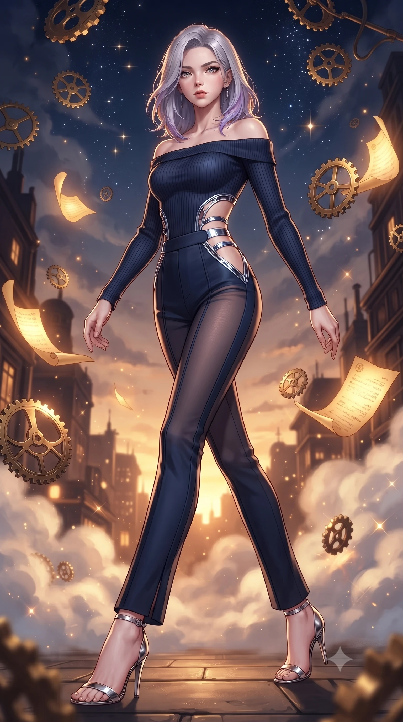 score_9, masterpiece, best quality, ultra-detailed, high-budget anime keyframe, editorial fashion photography, tasteful artistic composition, Caucasian woman. low angle full-body shot from head to toe showing her feet, filling the entire 9:16 vertical frame with her statuesque presence, stretching her vertical silhouette. forging dynamically through the scene, her vertical silhouette beautifully stretched surrounded by floating antique brass gears and glowing golden parchment scrolls, distant starlight and city lights twinkling through steam clouds. She has an absolutely perfect, statuesque 8.5-heads proportion, an exceptionally tall and slender model-like female figure with impossibly long slender legs and an ultra-slim waist. sharp v-shaped jawline, high-bridge nose, intricate jewel-like eyes with depth, thick eyelashes, glossy lips with a natural sheen. wearing a sleek off-shoulder ribbed knit top paired with high-waist tailored pants in midnight navy blue and chrome trim, woven from fine semi-opaque sheer organza, featuring clean architectural cutouts along her slender torso, the form-contouring material highlighting her ultra-slim waist and long lines. bathed in warm twilight amber backlighting and rich metallic specular glow. ultra-reflective glossy finish, specular highlights, metallic sheen, high-contrast stereoscopic depth, volumetric dynamic lighting, 2k, ultra detail, master piece, 9:16 ratio