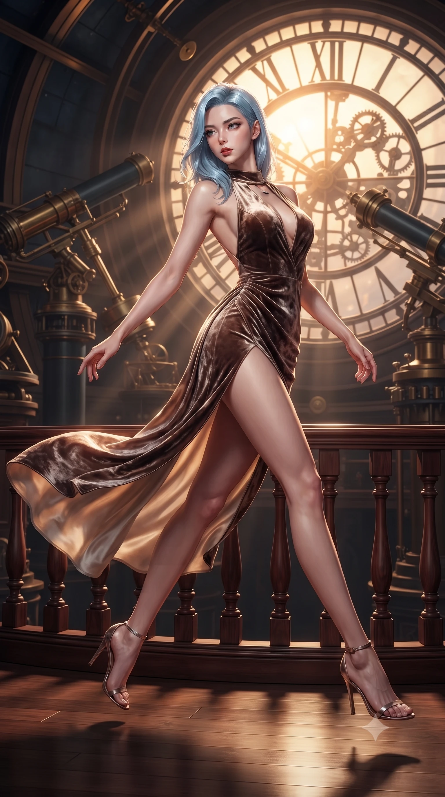 score_9, masterpiece, best quality, ultra-detailed, high-budget anime keyframe, editorial fashion photography, tasteful artistic composition, Korean woman. low angle full-body shot from head to toe showing her feet, filling the entire 9:16 vertical frame with her statuesque presence, stretching her vertical silhouette. leaping gracefully through the environment with statuesque elegance and long slender legs leaning against a vintage mahogany balustrade inside a mechanical observatory, dramatic twilight amber light streaming through the giant clock window. She has an absolutely perfect, statuesque 8.5-heads proportion, an exceptionally tall and slender model-like female figure with impossibly long slender legs and an ultra-slim waist. sharp v-shaped jawline, high-bridge nose, intricate jewel-like eyes with depth, thick eyelashes, glossy lips with a natural sheen. wearing a backless crushed velvet gown with a deep V-neckline and high thigh slit in espresso brown and warm cream, crafted from smooth liquid silk, accented with a Tasteful chest slit framing her clavicle gracefully, the elegant draped fit framing her graceful clavicle and slender torso. bathed in warm twilight amber backlighting and rich metallic specular glow. ultra-reflective glossy finish, specular highlights, metallic sheen, high-contrast stereoscopic depth, volumetric dynamic lighting, 2k, ultra detail, master piece, 9:16 ratio