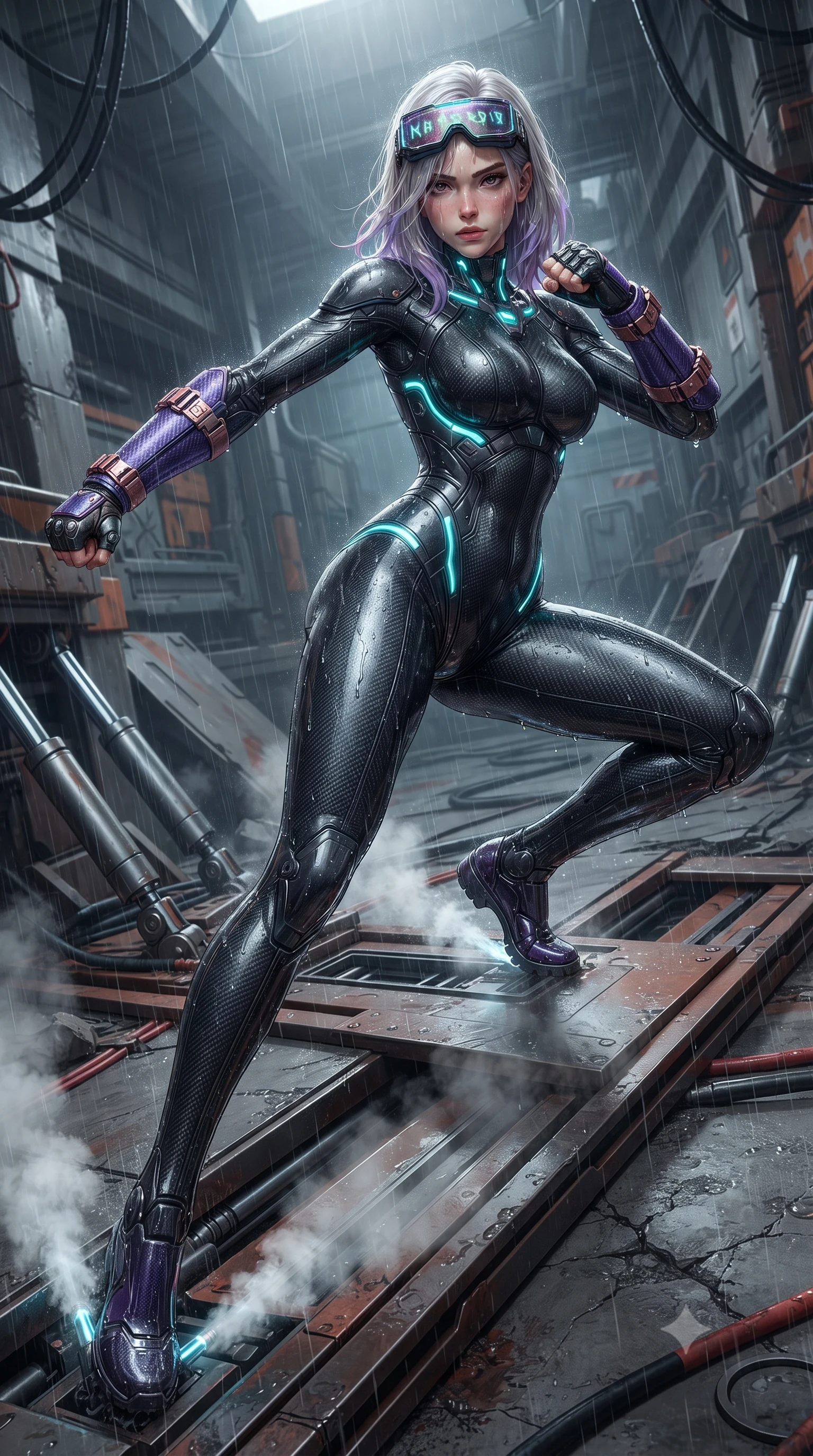 score_9, masterpiece, best quality, ultra-detailed, high-budget anime keyframe, editorial fashion photography, tasteful artistic composition, Caucasian woman. low angle full-body shot from head to toe showing her feet, filling the entire 9:16 vertical frame with her statuesque presence, stretching her vertical silhouette. pivoting dynamically in a high-speed low sweep kick along the cracked concrete, her athletic torso and ultra-slim waist twisting in a fluid arc of power while pivoting dynamically on the slanted metal plating as steam hisses from cooling hydraulics beneath her boots. The surrounding environment is rendered in vivid detail and crisp panoramic clarity. sharp hydraulic piston seams, rain droplet tracks on skin, and battle-scuffed armor details in high clarity. She has an absolutely perfect, statuesque 8.5-heads proportion, an exceptionally tall and slender model-like female figure with impossibly long slender legs, a toned flat midriff, and an ultra-slim waist. sharp v-shaped jawline, high-bridge nose, intricate jewel-like eyes with depth, thick eyelashes, glossy lips with a natural sheen, fierce and resolute heroine expression, flawlessly proportioned anatomical accuracy, strict slender model proportions, natural body alignment, perfectly sculpted long slender limbs, ultra-slim waistline, clean dynamic posture without body distortion. wearing high-tech holographic tactical goggles resting tipped up on her forehead, casting glowing neon runes across her brow without obscuring her features, paired with a skin-tight dark carbon-weave combat bodysuit with glowing neon energy conduits and reinforced Damascus-pattern forearm strike guards in royal purple carbon fiber with distressed rose-gold hardware and buckles, formed from high-gloss patent carbon-plating with specular dystopian chiaroscuro reflections, accented with glowing fiber-optic telemetry conduits tracing her collarbones and hip curves, the form-contouring material adhering flawlessly to her sculpted flat midriff and slender torso, emphasizing her long leg lines and perfectly proportioned willowy build. surrounded by a triumphant, exhausted yet indomitable lone heroine sovereignty aura. ultra-reflective glossy finish, specular highlights, dark metallic sheen, high-contrast stereoscopic depth, volumetric dynamic lighting, 2k, ultra detail, master piece, 9:16 ratio