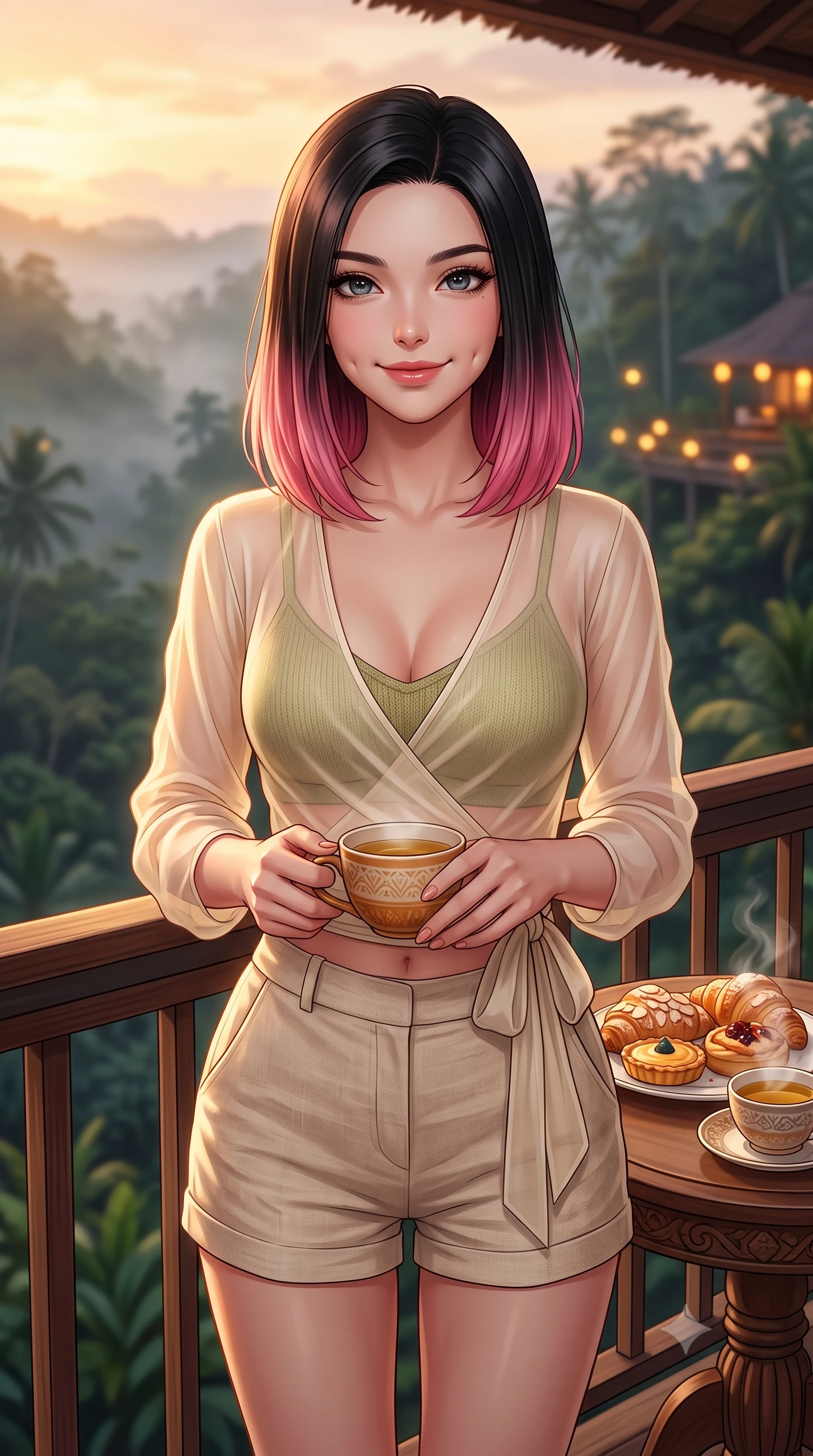 score_9, masterpiece, best quality, ultra-detailed, high-budget anime keyframe, editorial fashion photography, tasteful artistic composition, Korean woman. close-up cowboy shot from the waist and thighs up, the character dominates the composition, filling the frame with her large presence, background elements kept in soft focus. smiling with soft, cute dimples, holding a warm cup of tea with both hands set against a soft-focus background of on a scenic resort balcony overlooking a misty valley of tropical forest with a plate of fresh pastries and a cup of herbal tea on the balcony railing. She has an exceptionally elegant, slender, and willowy female figure with an ultra-slim waist, a gracefully sculpted slender torso, and a refined silhouette. sharp v-shaped jawline, high-bridge nose, intricate jewel-like eyes with depth, thick eyelashes, glossy lips with a natural sheen. wearing form-contouring sheer organza wrap top over a slim-fit knit bralette and low-cut linen shorts. warm, golden resort twilight lighting casting a relaxing, luxurious ambiance. highly saturated vibrant anime colors, detailed shading with soft gradients, rich glossy textures, high-contrast stereoscopic depth, volumetric dynamic lighting, master piece, 9:16 ratio