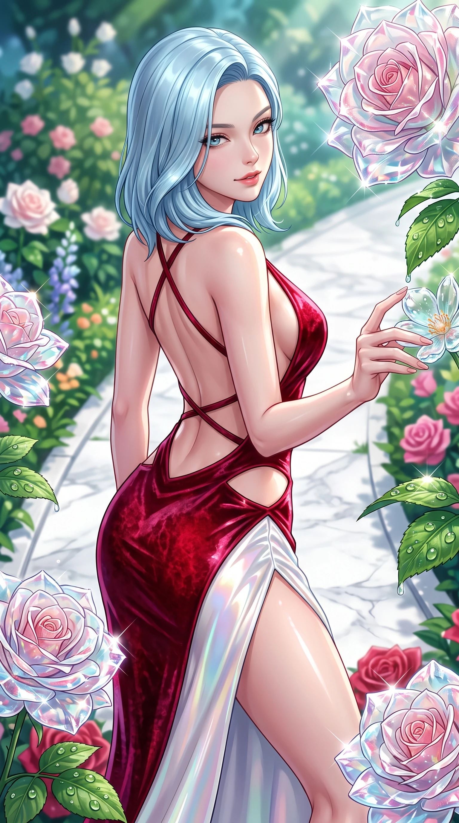 score_9, masterpiece, best quality, ultra-detailed, high-budget anime keyframe, semi-realistic 3D game render, editorial fashion photography, tasteful artistic composition, Korean woman. close-up cowboy shot from the waist and thighs up, the character dominates the composition, filling the frame with her large presence. stretching forward with an alluring arch of her spine, glancing over her shoulder with thick eyelashes and a smoldering half-smile while reaching one arm out to touch a dewy glass blossom while looking over her shoulder with seductive poise. The surrounding environment is rendered in vivid detail and crisp panoramic clarity. razor-sharp optical crystal rose petal facets, morning dewdrop beads, and white marble path in deep focus. She has an exceptionally elegant, slender, and willowy female figure with an ultra-slim waist, a gracefully sculpted slender torso, toned flat midriff, and a refined slim silhouette. sharp v-shaped jawline, high-bridge nose, intricate jewel-like eyes with depth, thick eyelashes, glossy lips with a natural sheen, flawlessly proportioned anatomical accuracy, strict slender model proportions, natural body alignment, perfectly sculpted long slender limbs, ultra-slim waistline, clean dynamic posture without body distortion. wearing a backless crimson crushed velvet gown with a deep plunging V-neckline, strategic hip cutouts, and an ultra-high thigh slit in glistening liquid pearl white with rainbow opalescence, formed from high-gloss patent material with specular light reflections, complemented by criss-cross back straps highlighting her completely bare spine, the form-contouring material adhering flawlessly to her sculpted flat midriff and slender torso, emphasizing her long leg lines and perfectly proportioned willowy build. illuminated by fresh botanical ambient radiance and sparkling specular highlights tracing her curves. highly saturated vibrant anime colors, detailed shading with soft gradients, rich glossy textures, high-contrast stereoscopic depth, volumetric dynamic lighting, master piece, 9:16 ratio