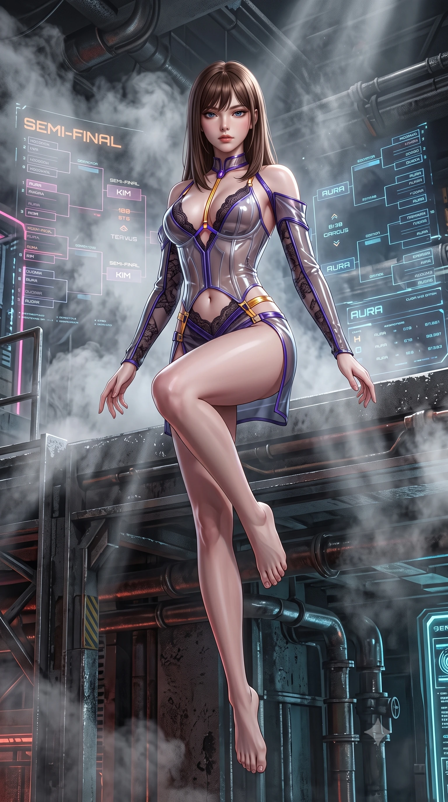 score_9, masterpiece, best quality, ultra-detailed, high-budget anime keyframe, semi-realistic 3D game render, editorial fashion photography, tasteful artistic composition, Korean woman. low angle full-body shot from head to toe showing her feet, filling the entire 9:16 vertical frame with her statuesque presence, stretching her vertical silhouette. performing an alluring mid-air vault with flawless poise, looking directly into the camera with smoldering intensity while twisting her body in a powerful athletic stance amidst swirling steam clouds and holographic fight brackets. The surrounding environment is rendered in vivid detail and crisp panoramic clarity. gritty high-contrast industrial cyber-arena architecture rendered with environmental precision. She has an absolutely perfect, statuesque 8.5-heads proportion, an exceptionally tall and slender model-like female figure with impossibly long slender legs and an ultra-slim waist. sharp v-shaped jawline, high-bridge nose, intricate jewel-like eyes with depth, thick eyelashes, glossy lips with a natural sheen, flawlessly proportioned anatomical accuracy, natural body alignment, perfectly sculpted elegant limbs, clean dynamic posture without body distortion. wearing a translucent cybernetic corset in semi-opaque structured vinyl, combined with detached sleeves and a deep-plunging neckline secured by glowing micro-straps in lustrous molten gold and pure deep violet, crafted from delicate dark lace interwoven with luminescent micro-fibers, finished with an ultra-high side slit secured by miniature magnetic clasps, the daring cutouts accentuating her delicate midriff, graceful collarbones, and feminine contour. illuminated by dense volumetric steam rays and high-contrast specular reflections on wet metal. highly saturated vibrant anime colors, detailed shading with soft gradients, rich glossy textures, high-contrast stereoscopic depth, volumetric dynamic lighting, master piece, 9:16 ratio
