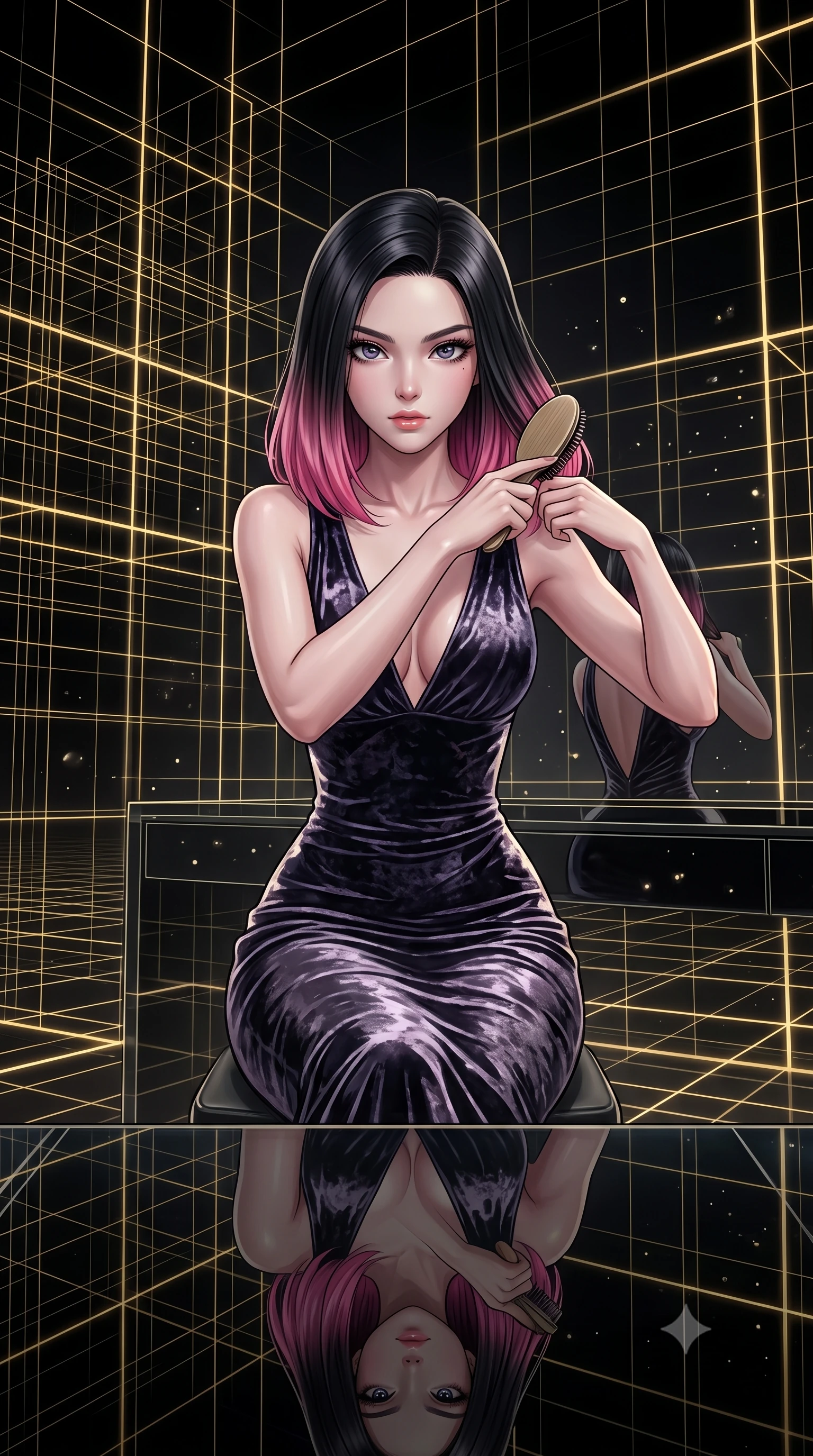 score_9, masterpiece, best quality, ultra-detailed, High-budget Anime Keyframe, East Asian woman. Low angle cowboy shot filling the entire 9:16 frame with her statuesque presence. Scenario 256: brushing her hair while seated before a vanity of black glass in a digital arena where gold gridlines project onto the black walls. Her presence is magnetic and overpowering in this high-budget anime scene. Outfit 256: a body-hugging crushed dark velvet liquid with a plunging V-neckline and tight-fitting silhouette. The clothing is designed to emphasize her exceptionally tall and slender 8-heads proportion. 8-heads proportion, towering silhouette, ultra-slim waist. sharp v-shaped jawline, intricate jewel-like eyes with depth, thick eyelashes, glossy lips. 2k, ultra detail, master piece, 9:16 ratio