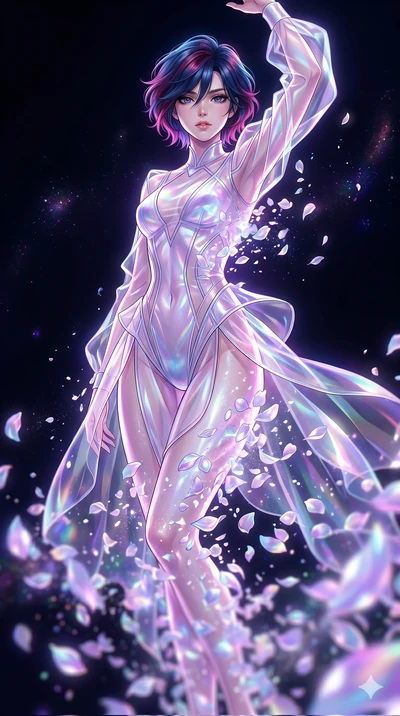score_9, masterpiece, best quality, ultra-detailed, High-budget Anime Keyframe, East Asian woman. Low angle cowboy shot filling the entire 9:16 frame with her statuesque presence. Scenario 201: Dissolving into a cloud of iridescent silk petals in a v