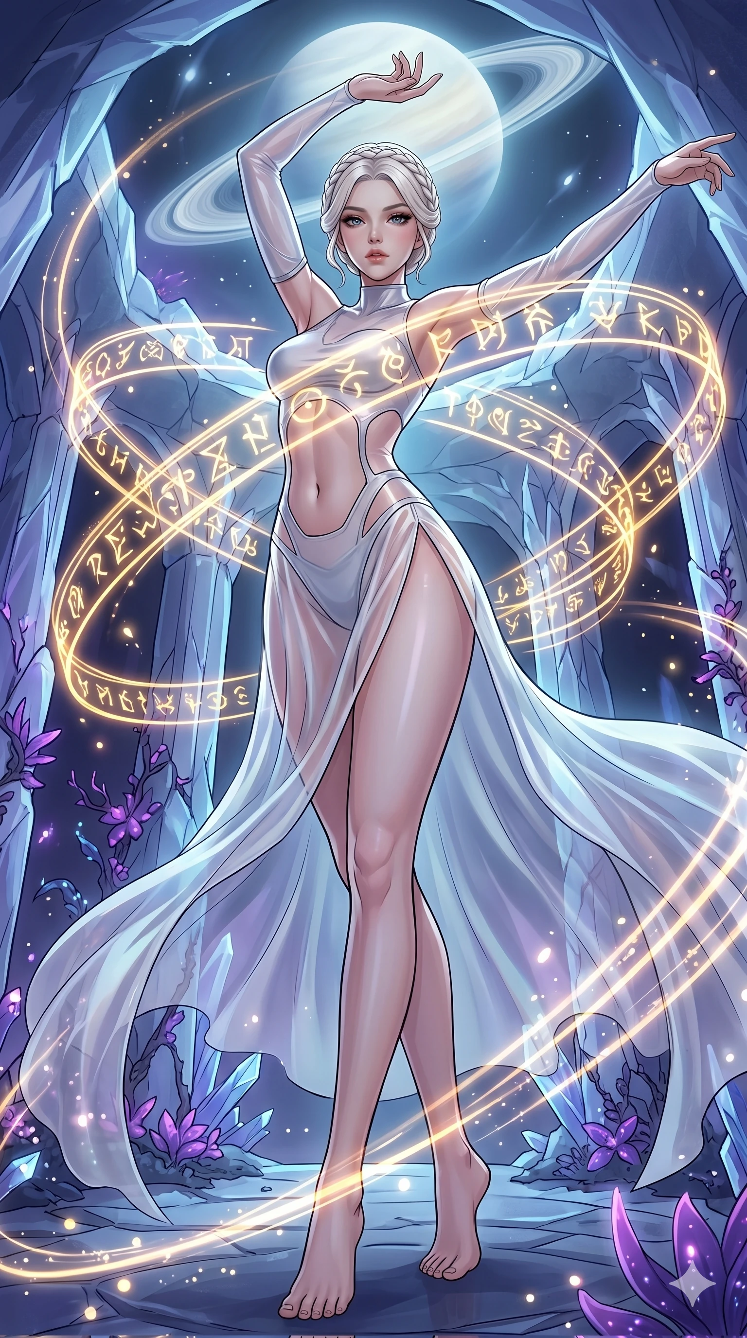 score_9, masterpiece, best quality, ultra-detailed, High-budget Anime Keyframe, vibrant colors, fluid line-art, expressive lighting, cinematic composition, Ufotable-style visual effects, top-tier animation quality, Korean woman with idol-like refined features. Low angle cowboy shot filling the entire 9:16 frame with her statuesque presence, looking up to emphasize her height. Performing a high-speed mystical ritual in a temple of pure light, her body surrounded by orbiting golden runes and symbols. She has an absolutely perfect 8-heads proportion, an exceptionally tall and slender female figure with impossibly long slender legs and an ultra-slim waist, her statuesque height and towering silhouette dominating the vertical 9:16 frame. Her face is a masterpiece featuring a sharp v-shaped jawline, high-bridge nose, intricate jewel-like eyes with depth, thick eyelashes, and glossy lips with a natural sheen. She is wearing a Futuristic pilot suit with an exposed midriff and a high-cut structural frame crafted from Sheer silk that is almost transparent, flowing like water around her statuesque frame, with a dangerous high slit that showcases her impossibly long slender legs. The scene is set in a mysterious alien planet with bioluminescent purple flora and a giant ringed planet in the sky, illuminated by ethereal moonlight filtering through a crystalline canopy, creating soft highlights. 2k, ultra detail, master piece, 9:16 ratio