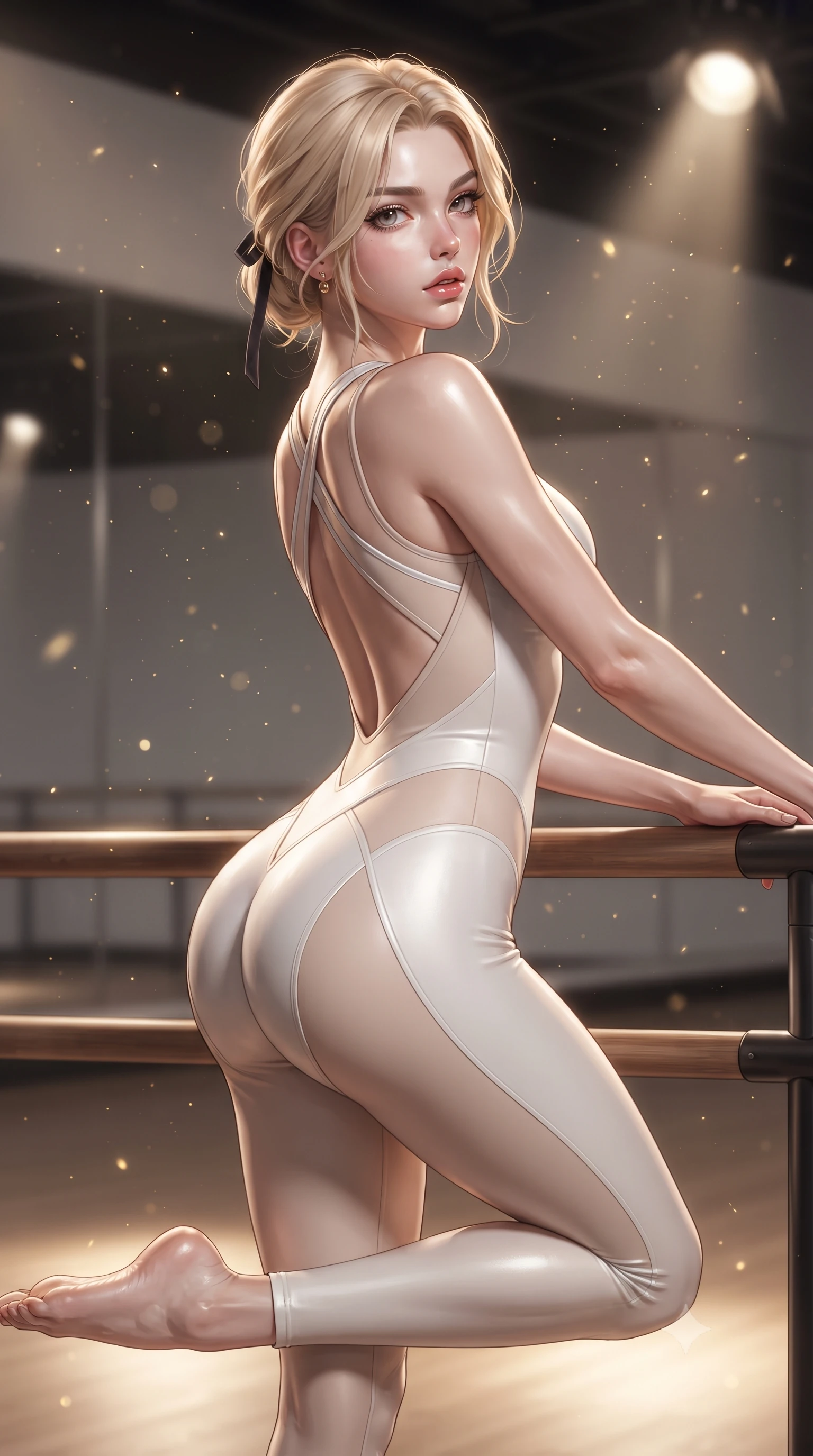 score_9, masterpiece, best quality, ultra-detailed, high-budget anime keyframe, editorial fashion photography, tasteful artistic composition, Caucasian woman. close-up cowboy shot from the waist and thighs up, the character dominates the composition, filling the frame with her large presence. leaning forward against the polished railing with her hips cocked back, creating an intoxicating curve from her narrow waist to sculpted hips as she gazes back into the lens while executing an elegant mid-motion arabesque turn before the mirrors, the tight fabric sculpting her feminine hip contour with statuesque precision. The composition keeps background elements in soft focus with creamy bokeh. floating micro-chalk particles and spotlight beams scattering luminous golden light motes. She has an exceptionally elegant, slender, and willowy female figure with an ultra-slim waist, a gracefully sculpted slender torso, toned flat midriff, and rounded feminine hips creating an alluring hourglass silhouette. sharp v-shaped jawline, high-bridge nose, intricate jewel-like eyes with depth, thick eyelashes, glossy parted lips with a natural sheen, intensely captivating and seductive bedroom-eyes expression, flawlessly proportioned anatomical accuracy, strict slender model proportions, natural body alignment, perfectly sculpted long slender limbs, ultra-slim waistline, clean dynamic posture without body distortion. wearing an aerodynamic compression bodysuit featuring a wide open back and reinforced hip contour seams in pristine chalk white and pale nude, crafted from compression spandex sculpting her athletic hourglass lines, complemented by a delicate velvet hair ribbon and gold stud earrings, the second-skin form-contouring cut accentuating her sculpted flat midriff, narrow waistline, and dramatically curvy hips without adding bulk. bathed in warm floor-level uplighting and dramatic overhead theatrical spotlights. ultra-reflective glossy finish, specular highlights, rich textural contrasts, high-contrast stereoscopic depth, volumetric dynamic lighting, 2k, ultra detail, master piece, 9:16 ratio