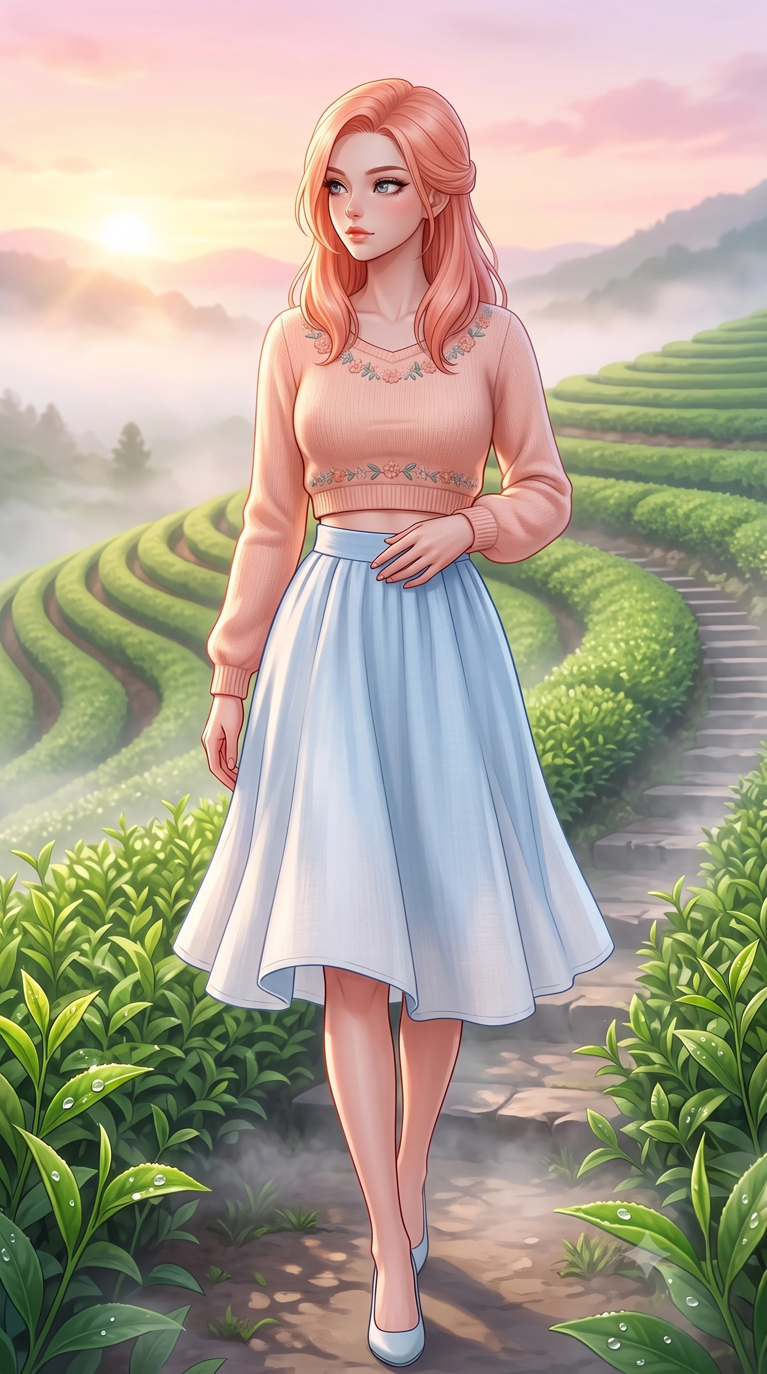 score_9, masterpiece, best quality, ultra-detailed, high-budget anime keyframe, semi-realistic 3D game render, editorial fashion photography, tasteful artistic composition, Japanese woman. close-up cowboy shot from the waist and thighs up, the character dominates the composition, filling the frame with her large presence. resting one hand lightly on her waist while casting a charming, captivating side-gaze with thick eyelashes while walking gracefully along terraced emerald green tea rows as gentle morning mist swirls around her steps. The surrounding environment is rendered in vivid detail and crisp panoramic clarity. glistening morning dewdrops on fresh tea leaves, neat curving terrace contours, and stone steps in sharp focus. She has an exceptionally elegant, slender, and willowy female figure with an ultra-slim waist, a gracefully sculpted slender torso, toned flat midriff, and a refined slim silhouette. sharp v-shaped jawline, high-bridge nose, intricate jewel-like eyes with depth, thick eyelashes, glossy lips with a natural sheen, pure and lovely fresh girlhood expression, flawlessly proportioned anatomical accuracy, strict slender model proportions, natural body alignment, perfectly sculpted long slender limbs, ultra-slim waistline, clean dynamic posture without body distortion. wearing a stylish cropped pastel knit pullover paired with a high-waisted flowy A-line linen skirt in gentle baby blue and cloud white, knitted from ultra-soft cozy baby-cashmere yarn, complemented by subtle floral embroidery along the neckline and hem, the breezy lightweight fabric fluttering softly against her delicate collarbones, narrow waist, and feminine curves. bathed in soft pastel pink and golden dawn sunrise light breaking through rolling morning mist. highly saturated vibrant anime colors, detailed shading with soft gradients, rich glossy textures, high-contrast stereoscopic depth, volumetric dynamic lighting, master piece, 9:16 ratio