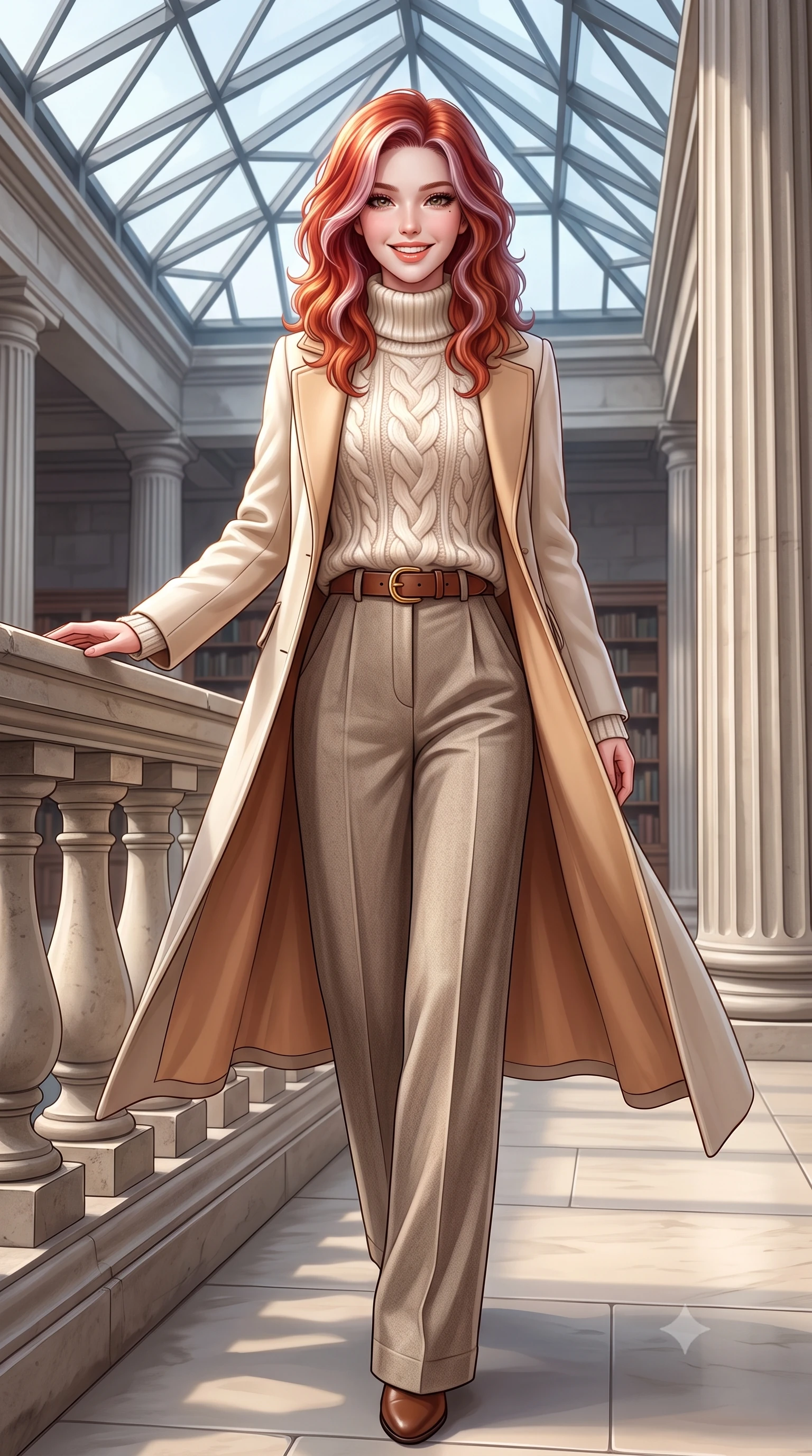 score_9, masterpiece, best quality, ultra-detailed, high-budget anime keyframe, semi-realistic 3D game render, editorial fashion photography, tasteful artistic composition, Caucasian woman. low angle full-body shot from head to toe showing her feet, filling the entire 9:16 vertical frame with her statuesque presence, stretching her vertical silhouette. stepping forward gracefully in mid-motion with a radiant beaming smile, her long tailored coat fluttering around her slender legs while turning with a delightful beam toward the camera while resting one hand on the stone balustrade of the grand reading room. The surrounding environment is rendered in vivid detail and crisp panoramic clarity: sharp geometric steel strut joinery of glass ceiling, fluted column stone grooves, and smooth honed limestone paving joints in deep focus. She has an exceptionally tall and slender model-like 8.5-heads proportion, an ultra-slim waist, a flat toned midriff, narrow delicate ribcage, and beautifully sculpted feminine hips creating a graceful, slim hourglass silhouette without any bulky heaviness, with impossibly long slender legs. sharp v-shaped jawline, high-bridge nose, intricate jewel-like sparkling eyes with depth, thick eyelashes, glossy parted lips with a natural peach sheen, bright cheerful beaming smile with an enchanting and coquettish sensual glint, exuding both youthful cute charm and seductive allure, flawlessly proportioned anatomical accuracy, strict slender model proportions, natural body alignment, perfectly sculpted long slender limbs, ultra-slim waistline, clean dynamic posture without body distortion. wearing an oversized chunky cable-knit cashmere roll-neck sweater paired with brushed wool flannel wide-leg trousers in soft champagne ivory and warm biscuit beige, made of crisp Egyptian cotton poplin with pristine tailored pressing, finished with a smooth equestrian bridle-leather belt with a polished brass horseshoe buckle, the expertly draped wool fabric falling in crisp fluid lines along her tall 8.5-heads silhouette, celebrating her slender frame without excess fabric bulk. illuminated by pale stone reflection bounce and sharp platinum rim lights sculpting her jawline, narrow waist, and statuesque proportions. highly saturated vibrant anime colors, detailed shading with soft gradients, rich glossy textures, high-contrast stereoscopic depth, volumetric dynamic lighting, master piece, 9:16 ratio