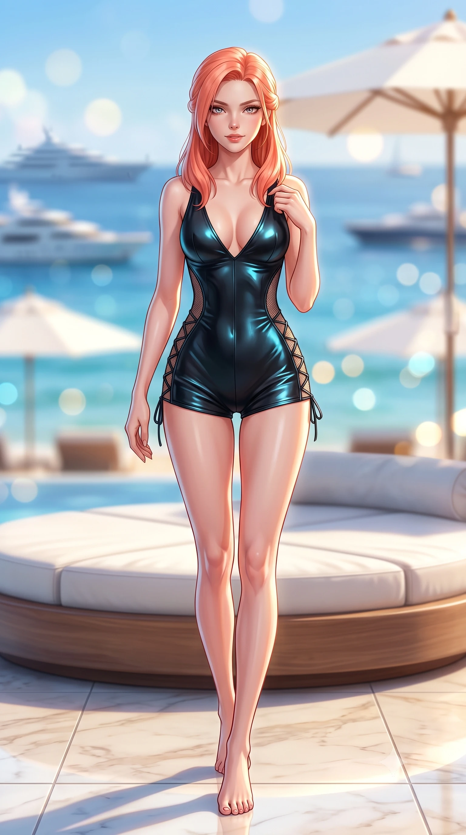 score_9, masterpiece, best quality, ultra-detailed, high-budget anime keyframe, semi-realistic 3D game render, editorial fashion photography, tasteful artistic composition, Japanese woman. low angle full-body shot from head to toe showing her feet, filling the entire 9:16 vertical frame with her statuesque presence, stretching her vertical silhouette. stepping slowly toward the camera with hypnotic grace, hips swaying in an alluring sensual rhythm that accentuates her curvy hourglass silhouette and long slender legs while lounging across the circular white canvas daybed with legs crossed, arching her lower back with sovereign Riviera beach allure. The background shows a soft-focus the sparkling sapphire bay of Pampelonne, distant mega-yachts, and white parasols blurred into azure, champagne, and gold bokeh. She has an absolutely perfect, statuesque 8.5-heads proportion, an exceptionally tall and slender model-like female figure with impossibly long slender legs, an ultra-slim waist, a flat toned midriff, narrow delicate ribcage, and beautifully sculpted feminine hips creating a graceful, slim hourglass silhouette without any bulky heaviness. sharp v-shaped jawline, high-bridge nose, sparkling eyes with hypnotic seductive depth, thick curled eyelashes, glossy parted lips with a natural dewy peach sheen, alluring bedroom-eyes with an enchanting coquettish smile, exuding magnetic siren charisma and sophisticated glamour, flawlessly proportioned anatomical accuracy, strict slender model proportions, natural body alignment, perfectly sculpted long slender limbs, ultra-slim waistline, clean dynamic posture without body distortion. wearing a deep V-neck wet-look liquid lycra romper with side-torso mesh inserts accentuating her hourglass curves in wet-look onyx black with electric cyan reflections, woven from buttery-soft stretch lambskin leather adhering to her body like a second skin, featuring fine criss-cross lace-up side ties revealing tantalizing glimpses of her hip curve, the liquid-tight tailored fabric clinging flawlessly to her narrow waist and rounded feminine hips, emphasizing every millimeter of her sculpted slim hourglass curves without any bulky heaviness. illuminated by sea water reflection fill and sharp platinum-gold rim lights sculpting her razor-sharp jawline, narrow waist, and curvy hips. highly saturated vibrant anime colors, detailed shading with soft gradients, rich glossy textures, high-contrast stereoscopic depth, volumetric dynamic lighting, master piece, 9:16 ratio