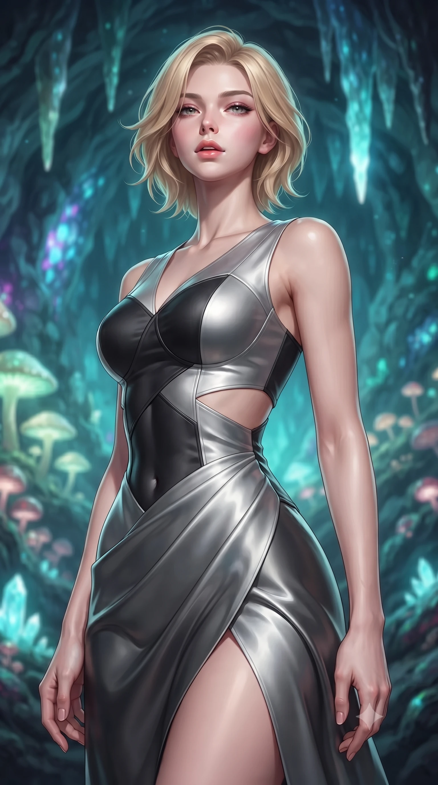 score_9, masterpiece, best quality, ultra-detailed, high-budget anime keyframe, editorial fashion photography, tasteful artistic composition, Caucasian woman. close-up cowboy shot from the waist and thighs up, the character dominates the composition, filling the frame with her large presence, background elements kept in soft focus. Tilting her chin up slightly with lips parted in a magnetic, composed expression navigating a cavern filled with bioluminescent fungi and crystalline stalactites, bioluminescent opal veins pulsing softly in the surrounding stone walls. She has an exceptionally elegant, slender, and willowy female figure with an ultra-slim waist, a gracefully sculpted slender torso, and a refined silhouette. sharp v-shaped jawline, high-bridge nose, intricate jewel-like eyes with depth, thick eyelashes, glossy lips with a natural sheen. wearing a modern fusion silk hanbok dress with a structured bodice in matte black and polished silver, crafted from lustrous satin jersey with fluid draping, featuring subtle geometric cutouts that highlight her ultra-slim midriff, the form-contouring material highlighting her ultra-slim waist and long lines. surrounded by a cool jewel-toned luminescence with bright specular rim lights. highly saturated vibrant anime colors, detailed shading with soft gradients, rich glossy textures, high-contrast stereoscopic depth, volumetric dynamic lighting, master piece, 9:16 ratio