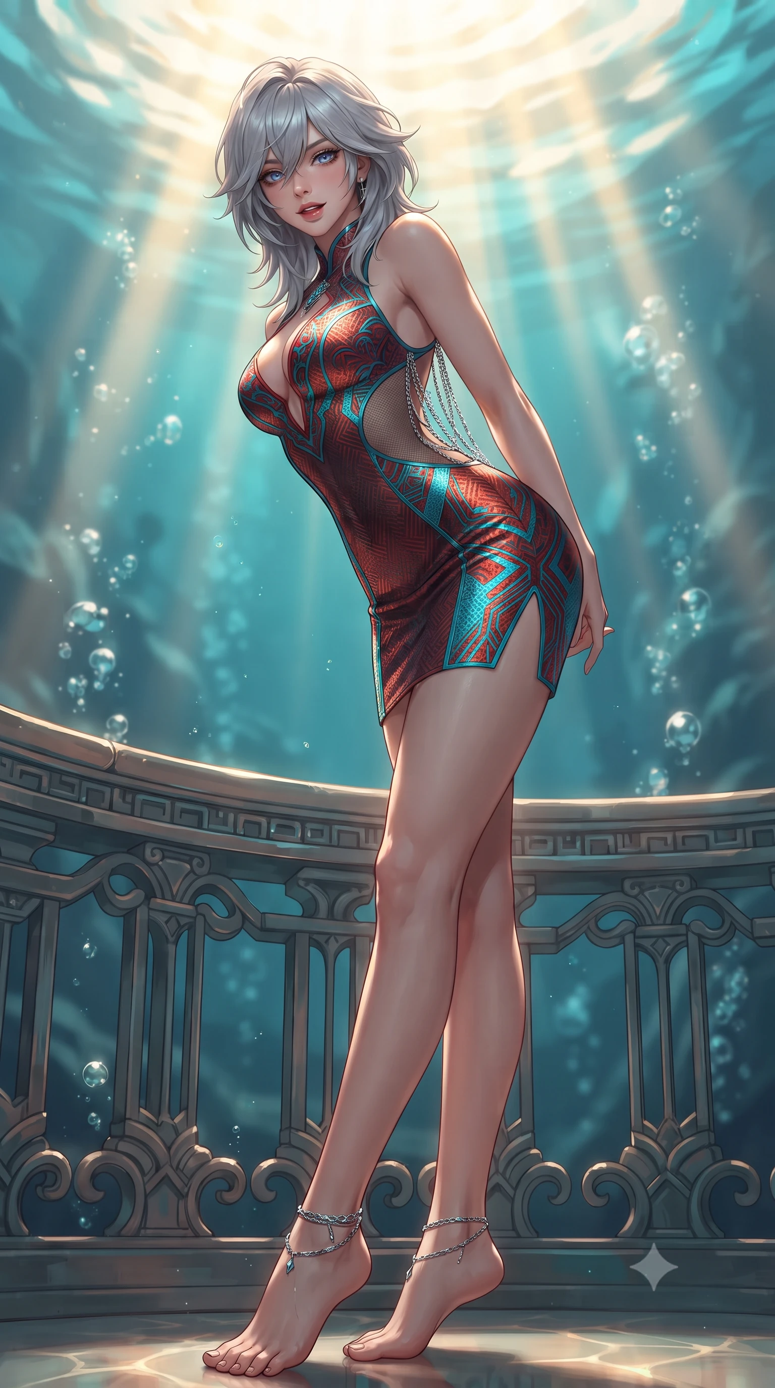 score_9, masterpiece, best quality, ultra-detailed, high-budget anime keyframe, editorial fashion photography, tasteful artistic composition, Japanese woman. low angle full-body shot from head to toe showing her feet, filling the entire 9:16 vertical frame with her statuesque presence, stretching her vertical silhouette. leaning deep against the balcony balustrade with hips cocked back in an unapologetically alluring high-fashion stance, casting an intoxicating glance while twisting her slender torso in an alluring S-curve, dancing golden water caustics caressing her flat midriff and hourglass curves. The background shows a soft-focus rising crystal micro-bubbles softened in sunken temple cavern shallow focus. She has an exceptionally tall and slender model-like 8.5-heads proportion, an ultra-slim waist, a flat toned midriff, narrow delicate ribcage, and beautifully sculpted feminine hips creating a graceful, slim hourglass silhouette without any bulky heaviness, with impossibly long slender legs. sharp v-shaped jawline, high-bridge nose, intricate jewel-like sparkling eyes with depth, thick eyelashes, glossy parted lips with a natural peach sheen, bright cheerful beaming smile with an enchanting and coquettish sensual glint, exuding both youthful cute charm and seductive allure, flawlessly proportioned anatomical accuracy, strict slender model proportions, natural body alignment, perfectly sculpted long slender limbs, ultra-slim waistline, clean dynamic posture without body distortion. wearing an alluring plunging sweetheart bodice dress with sheer mesh side-waist cutouts contouring her ribs in cyber-shinto vermilion and laser turquoise, woven from structured carbon-fiber jacquard with rich textural depth, accented with an open-back drape framed by falling strands of delicate chrome chains, the impeccably tailored cut draping gracefully along her slender figure with aristocratic poise. bathed in blinding warm golden midday sunbeams slicing through cool turquoise water. ultra-reflective glossy finish, specular highlights, rich textural contrasts, high-contrast stereoscopic depth, volumetric dynamic lighting, 2k, ultra detail, master piece, 9:16 ratio