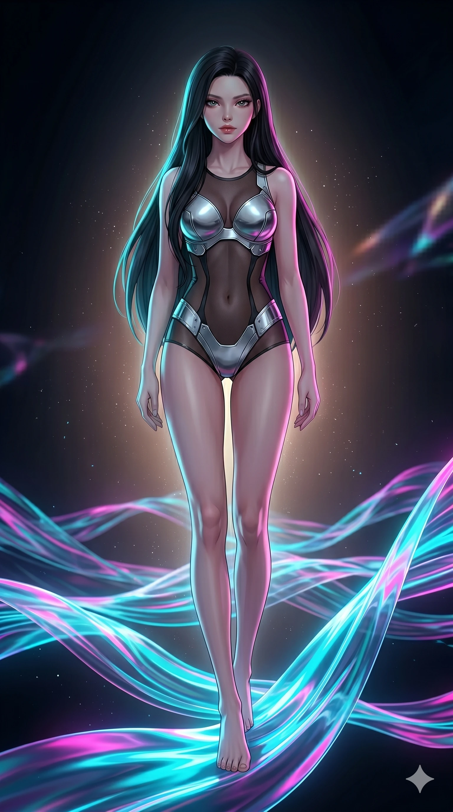 score_9, masterpiece, best quality, ultra-detailed, high-budget anime keyframe, Korean woman. low angle full-body shot filling the entire 9:16 frame with her statuesque presence, stretching the vertical silhouette. stepping on holographic fluid ribbons of sound that ripple with cyan and magenta light in a dark virtual void. She has an absolutely perfect 8-heads proportion, an exceptionally tall and slender female figure with impossibly long slender legs and an ultra-slim waist. V-shaped jawline, high-bridge nose, intricate jewel-like eyes with depth, thick eyelashes, glossy lips with a natural sheen.. wearing a bionic chrome plate bodysuit, featuring silver chrome plates covering the bust and hips, connected by sheer black mesh panels. illuminated by dramatic chiaroscuro casting soft shadows along her curves, with vibrant backlighting highlighting the dust particles. 2k, ultra detail, master piece, 9:16 ratio