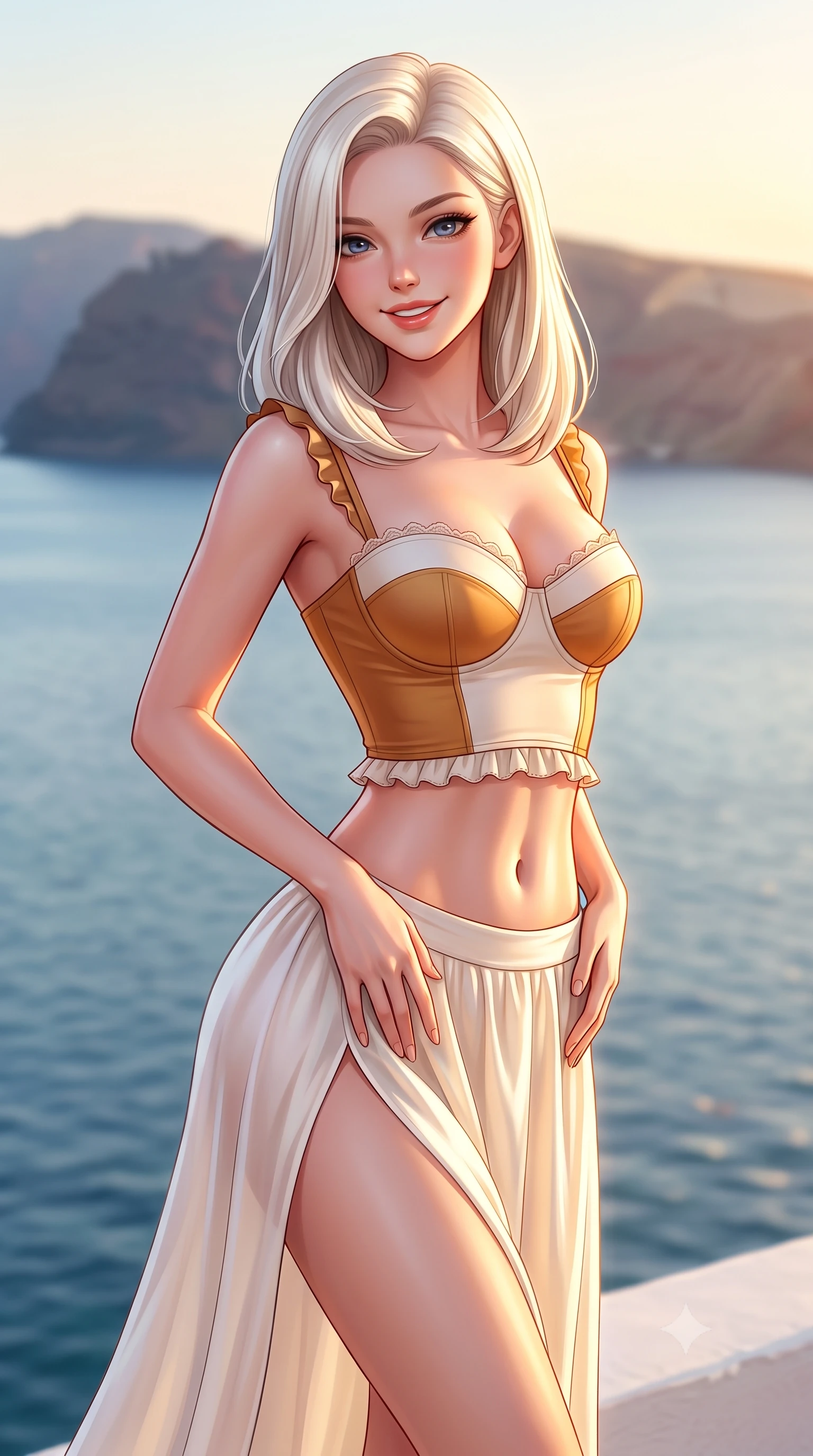 score_9, masterpiece, best quality, ultra-detailed, high-budget anime keyframe, semi-realistic 3D game render, editorial fashion photography, tasteful artistic composition, Caucasian woman. close-up cowboy shot from the waist and thighs up, the character dominates the composition, filling the frame with her large presence. tilting her head with a cute beaming smile while arching her spine with effortless dancer poise, one hand sliding along her hip line in a flirtatious S-curve while twisting her slender torso in an alluring contrapposto stance beside the water, her sleek resort silhouette highlighted by golden hour glow. The composition keeps background elements in soft focus with dreamy creamy bokeh. the dramatic caldera volcanic rim and shimmering Aegean Sea softened in iconic Greek island shallow focus. She has an exceptionally elegant, slender, and willowy female figure with an ultra-slim waist, flat toned midriff, narrow ribcage, and sculpted feminine hips creating an alluring, slim hourglass silhouette without bulk. sharp v-shaped jawline, high-bridge nose, sparkling amber-hazel eyes with depth, long lush eyelashes, glossy sun-kissed lips with a warm coral glaze, radiant teasing smile with sensual sunlit bedroom-eyes, exuding effortless old-money elegance and intoxicating sun-drenched allure, flawlessly proportioned anatomical accuracy, strict slender model proportions, natural body alignment, perfectly sculpted long slender limbs, ultra-slim waistline, clean dynamic posture without body distortion. wearing a flowing high-slit silk chiffon resort skirt paired with an architectural bustier top framing her flat midriff in warm honey bronze and pearlescent ivory, made of liquid-tight stretch jersey emphasizing every curve of her body, finished with subtle ruffle trims and delicate scallop lace edging, the liquid-tight tailored fabric clinging flawlessly to her narrow waist and rounded feminine hips, emphasizing every millimeter of her sculpted slim hourglass curves without any bulky heaviness. illuminated by white plaster wall bounce fill and sharp sunset rim lights accentuating her sculpted midriff, narrow waist, and curvy hips. highly saturated vibrant anime colors, detailed shading with soft gradients, rich glossy textures, high-contrast stereoscopic depth, volumetric dynamic lighting, master piece, 9:16 ratio