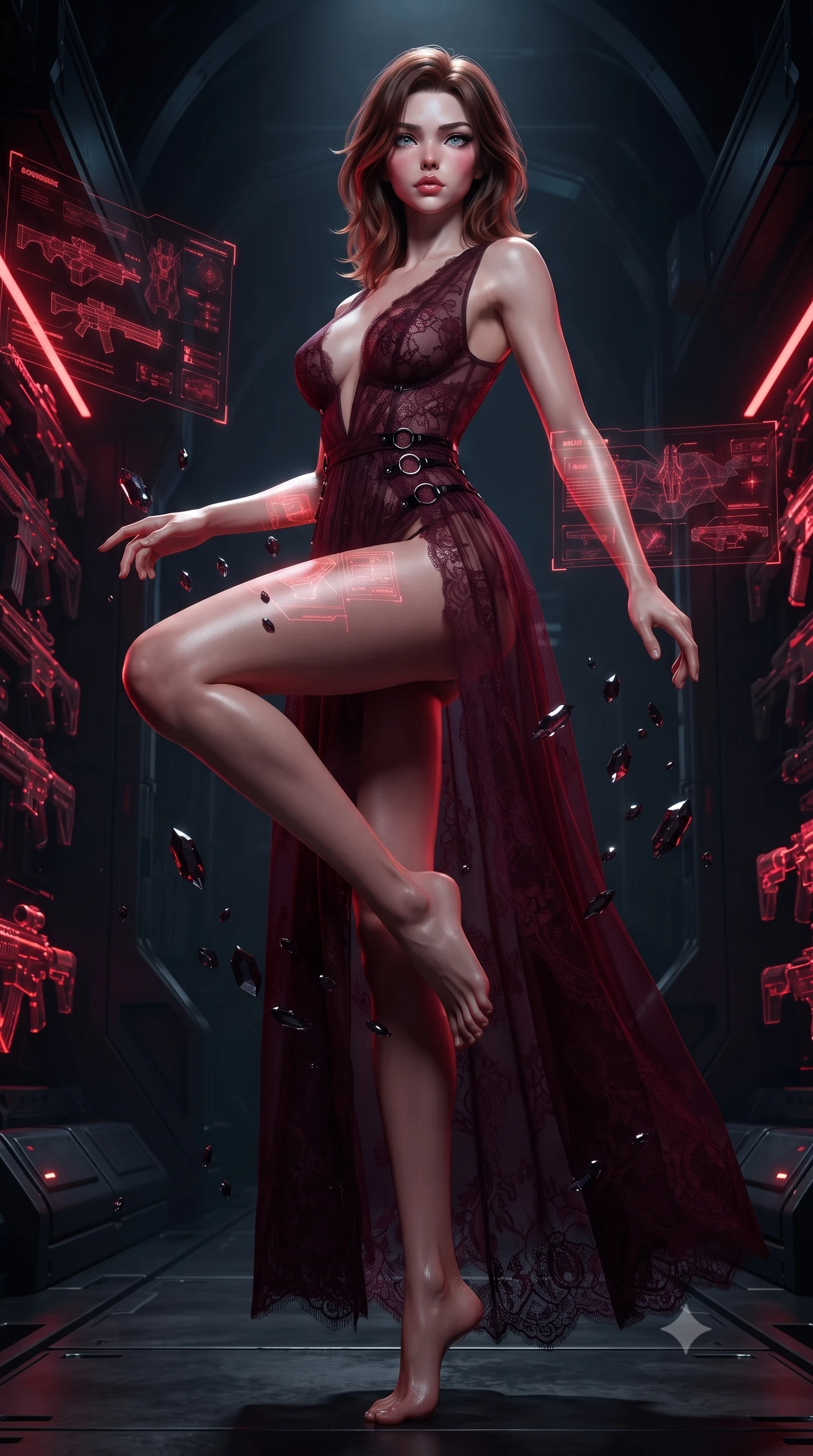 score_9, masterpiece, best quality, ultra-detailed, high-budget anime keyframe, editorial fashion photography, tasteful artistic composition, Korean woman. low angle full-body shot from head to toe showing her feet, filling the entire 9:16 vertical frame with her statuesque presence, stretching her vertical silhouette. interacting with floating dark crystal particles, her long slender legs poised in motion, inside a dark high-tech armoury lined with glowing red cybernetic weapon racks, holographic schematics projecting subtle crimson light onto her skin. She has an absolutely perfect, statuesque 8.5-heads proportion, an exceptionally tall and slender model-like female figure with impossibly long slender legs and an ultra-slim waist. sharp v-shaped jawline, high-bridge nose, intricate jewel-like eyes with depth, thick eyelashes, glossy lips with a natural sheen. wearing gothic nebula sheer dark lace gown with plunging neckline in deep crimson burgundy, made of sheer dark organza overlay, trimmed with dark chrome ring hardware along the waist contours, contouring every curve with an exceptionally elegant silhouette. lit by intense key ray emerging from deep armoury shadows. highly saturated vibrant anime colors, detailed shading with soft gradients, rich glossy textures, high-contrast stereoscopic depth, volumetric dynamic lighting, master piece, 9:16 ratio