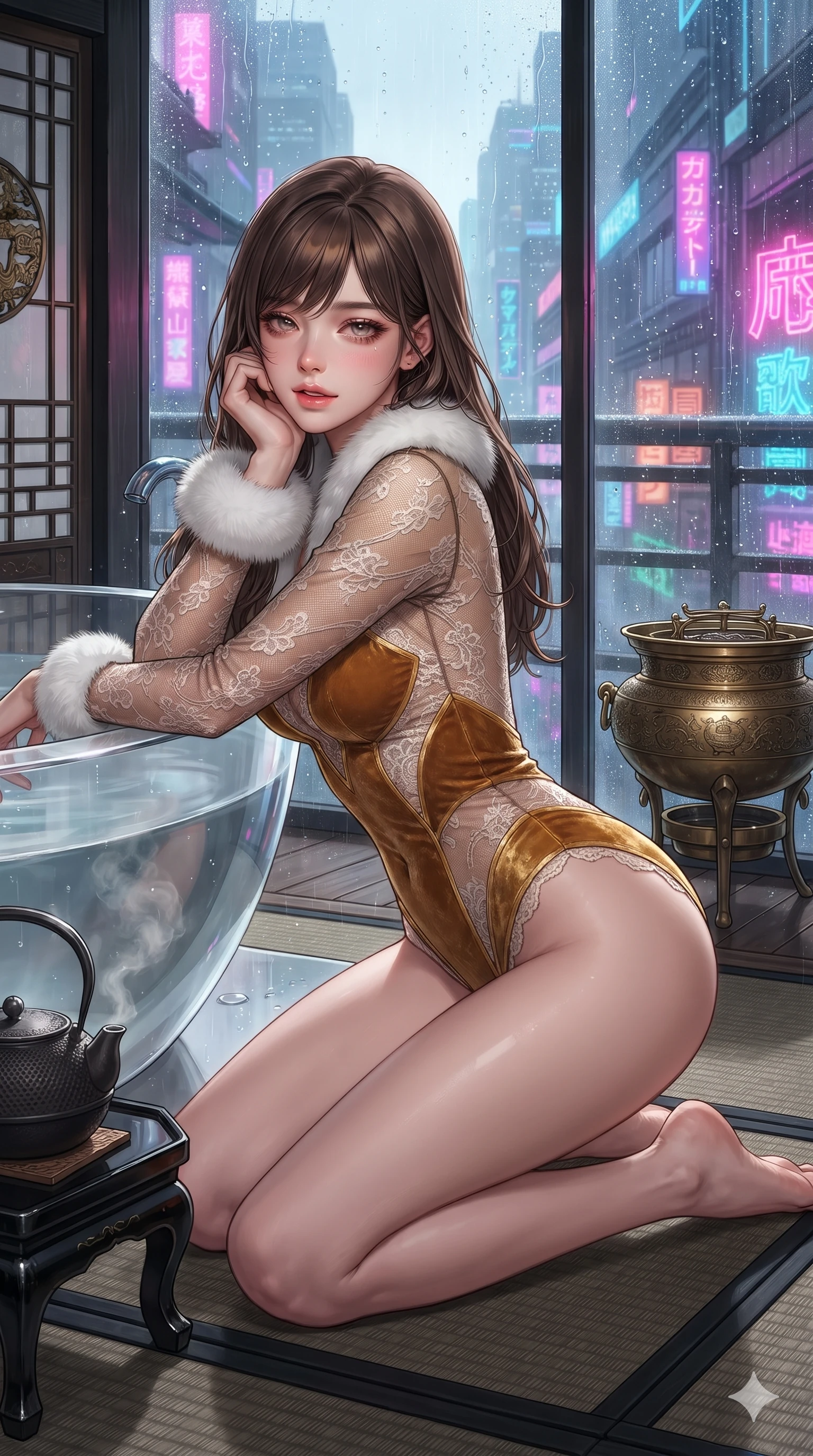 score_9, masterpiece, best quality, ultra-detailed, high-budget anime keyframe, editorial fashion photography, tasteful artistic composition, Korean woman. close-up cowboy shot from the waist and thighs up, the character dominates the composition, filling the frame with her large presence. resting one elbow on the acrylic tub ledge and supporting her chin, leaning close to the camera with heavy-lidded sparkling eyes and parted lips while kneeling gracefully on the dark tatami mat beside the low black lacquer table, arching her spine with supermodel poise as steam rises from a cast-iron kettle. The surrounding environment is rendered in vivid detail and crisp panoramic clarity: intricate brass brazier engravings, glistening condensation droplets on glass, and sharp neon typography in razor-sharp focus. She has an exceptionally elegant, slender, and willowy female figure with an ultra-slim waist, flat toned midriff, narrow ribcage, and sculpted feminine hips creating an alluring, slim hourglass silhouette without bulk. sharp v-shaped jawline, high-bridge nose, sparkling eyes with hypnotic seductive depth, thick curled eyelashes, glossy parted lips with a natural dewy peach sheen, alluring bedroom-eyes with an enchanting coquettish smile, exuding magnetic siren charisma and sophisticated glamour, flawlessly proportioned anatomical accuracy, strict slender model proportions, natural body alignment, perfectly sculpted long slender limbs, ultra-slim waistline, clean dynamic posture without body distortion. wearing a sheer illusion mesh long-sleeve bodysuit with opaque velvet panels strategically contouring her curves in warm amber honey and antique gold leaf, made of delicate semi-sheer French Chantilly lace with intricate eyelash edges, trimmed with plush white arctic fox faux-fur lining along the collar and cuffs, the glove-like clinging cut tightly following the natural contour of her hips and long slender legs with youthful 8.5-heads elegance. bathed in dynamic shifting multi-color neon light transmitted through rain-streaked exterior glass. ultra-reflective glossy finish, specular highlights, rich textural contrasts, high-contrast stereoscopic depth, volumetric dynamic lighting, 2k, ultra detail, master piece, 9:16 ratio