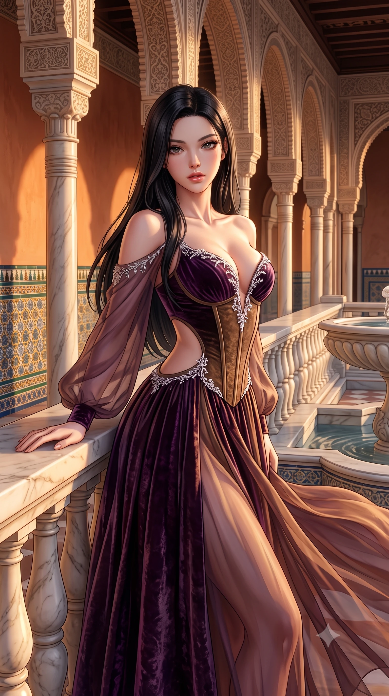 score_9, masterpiece, best quality, ultra-detailed, high-budget anime keyframe, semi-realistic 3D game render, editorial fashion photography, tasteful artistic composition, Korean woman. close-up cowboy shot from the waist and thighs up, the character dominates the composition, filling the frame with her large presence. leaning back with relaxed seductive grace, her sculpted collarbones and narrow waist highlighted as she casts smoldering bedroom-eyes directly into the camera while twisting her slender torso in an alluring S-curve along the colonnaded loggia, her silk dress catching the warm evening Mediterranean breeze. The surrounding environment is rendered in vivid detail and crisp panoramic clarity. sharp metallic glaze on Renaissance tilework, intricate plaster arabesques, and marble fountain rim in deep focus. She has an exceptionally elegant, slender, and willowy female figure with an ultra-slim waist, flat toned midriff, narrow ribcage, and sculpted feminine hips creating an alluring, slim hourglass silhouette without bulk. sharp v-shaped jawline, high-bridge nose, intricate jewel-like eyes with depth, thick eyelashes, glossy parted lips with a natural sheen, intensely captivating and seductive bedroom-eyes expression, flawlessly proportioned anatomical accuracy, strict slender model proportions, natural body alignment, perfectly sculpted long slender limbs, ultra-slim waistline, clean dynamic posture without body distortion. wearing a deep sweetheart neckline crushed velvet corseted ballgown with an exposed midriff cutout in deep plum violet and antique bronze, woven from layered gossamer chiffon with a weightless sweeping drape, finished with delicate crystal frost embroidery tracing the plunging neckline, the form-contouring material adhering flawlessly to her sculpted flat midriff and slender torso, emphasizing her long leg lines and perfectly proportioned willowy build. bathed in rich golden hour Andalusian sunset backlighting and warm terracotta wall bounce fill. highly saturated vibrant anime colors, detailed shading with soft gradients, rich glossy textures, high-contrast stereoscopic depth, volumetric dynamic lighting, master piece, 9:16 ratio